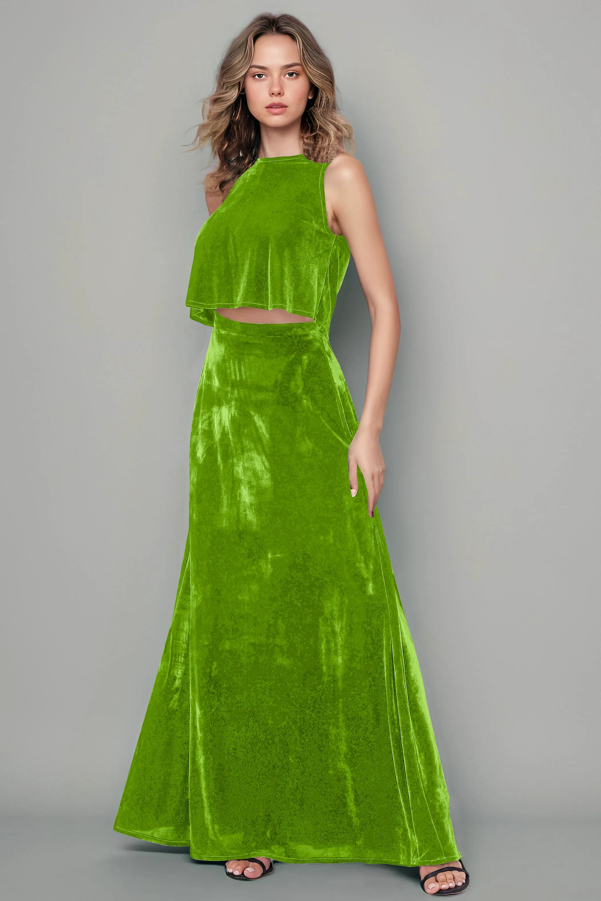 Floor Length Two-Pieces A-Line Sleeveless Velvet Bridesmaid Dresses