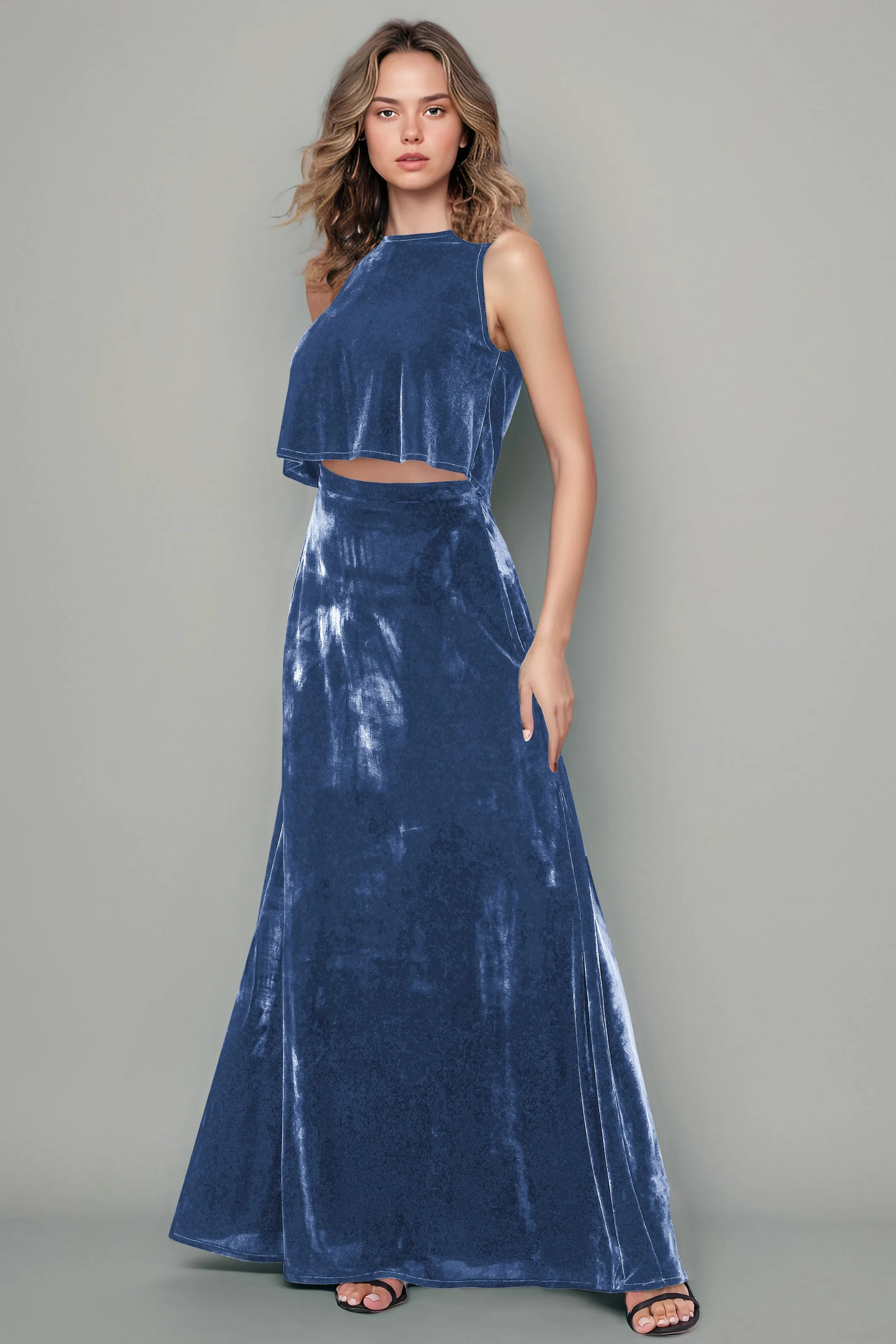 Floor Length Two-Pieces A-Line Sleeveless Velvet Bridesmaid Dresses