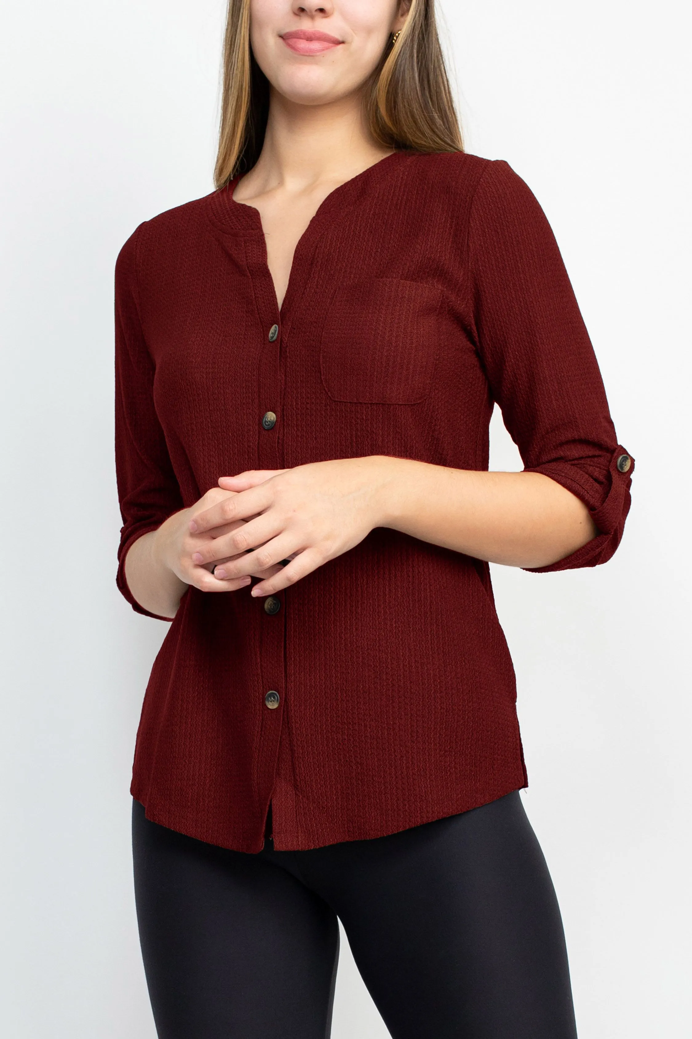 Floral   Ivy Notched Button Down 3/4 Sleeve Solid Knit Top with Front Pocket by Curated Brands