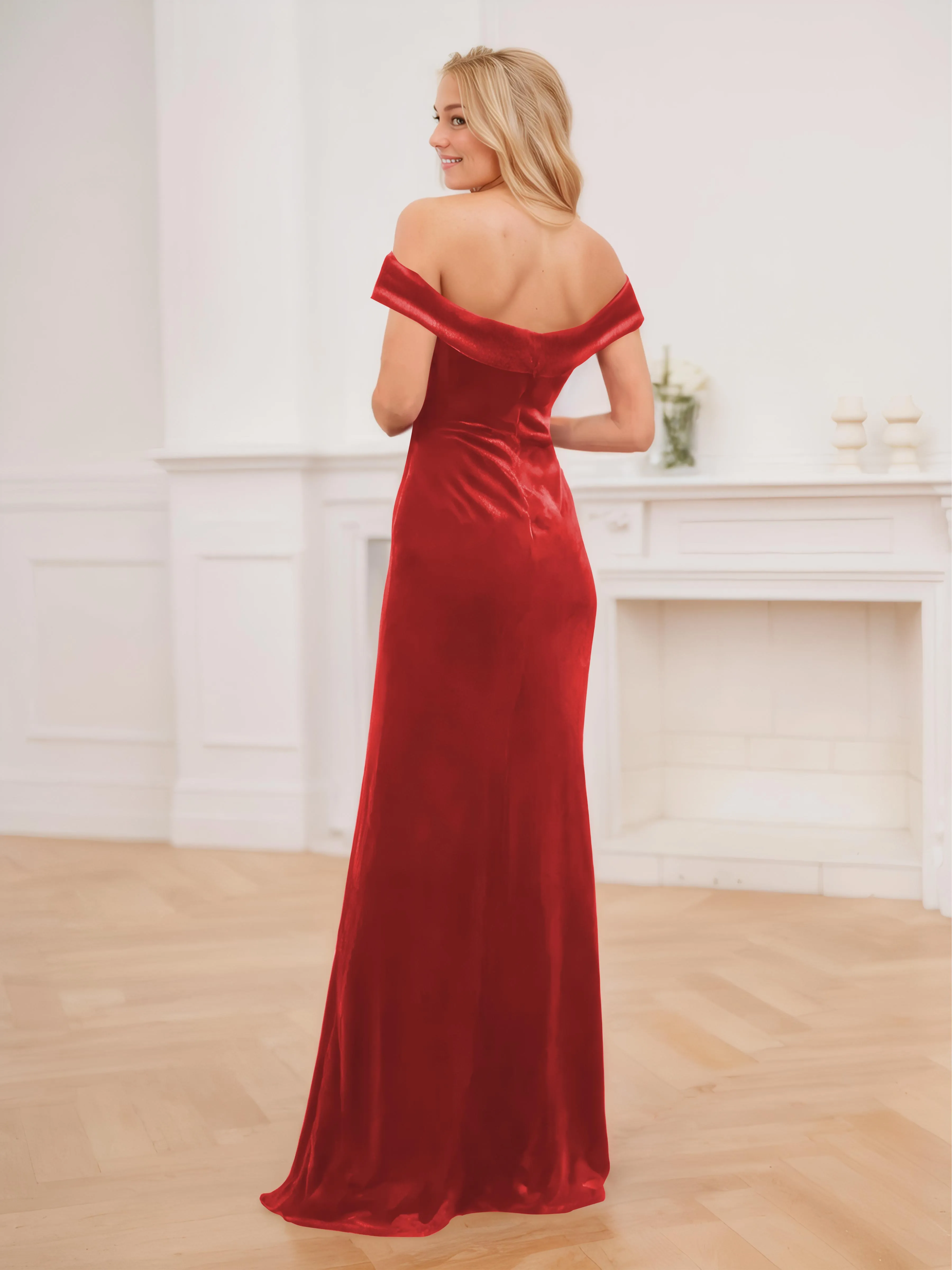 Frankie Gorgeous Off The Shoulder Floor Length Velvet Bridesmaid Dresses