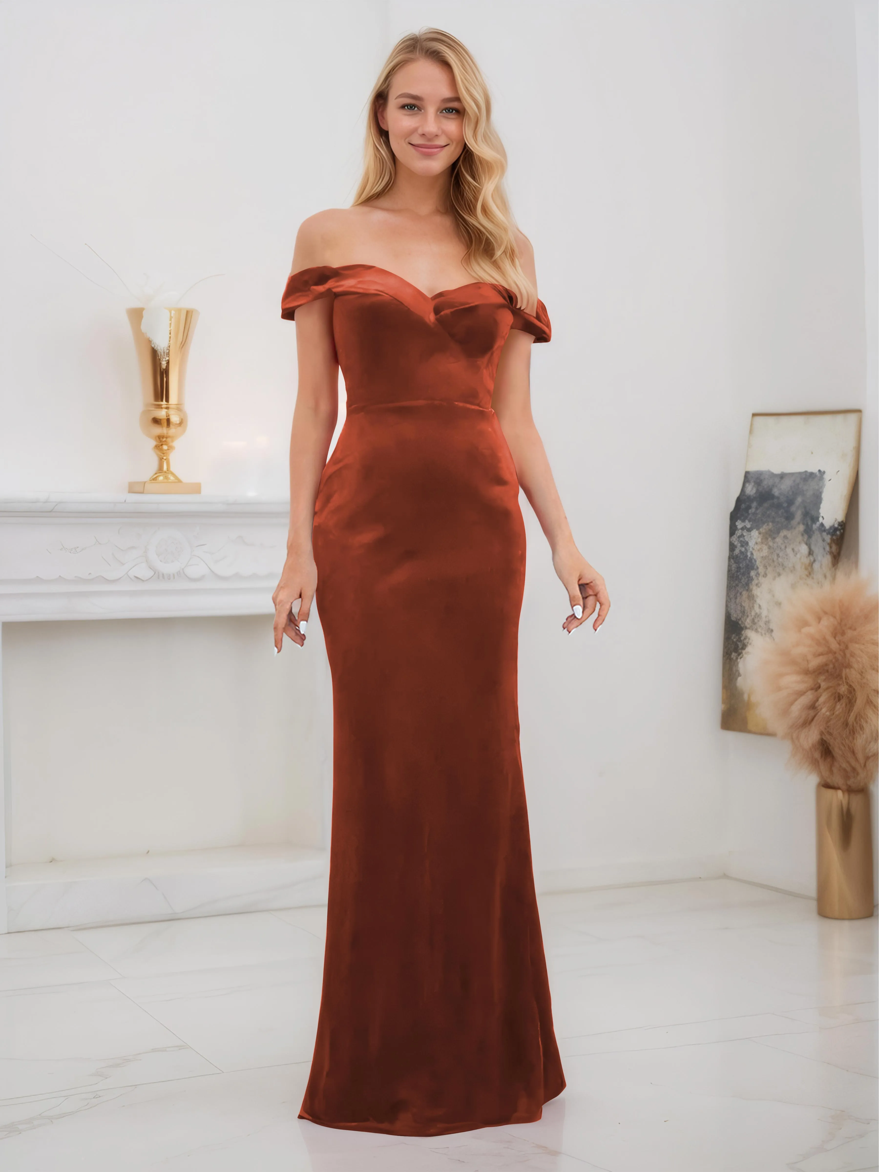 Frankie Gorgeous Off The Shoulder Floor Length Velvet Bridesmaid Dresses