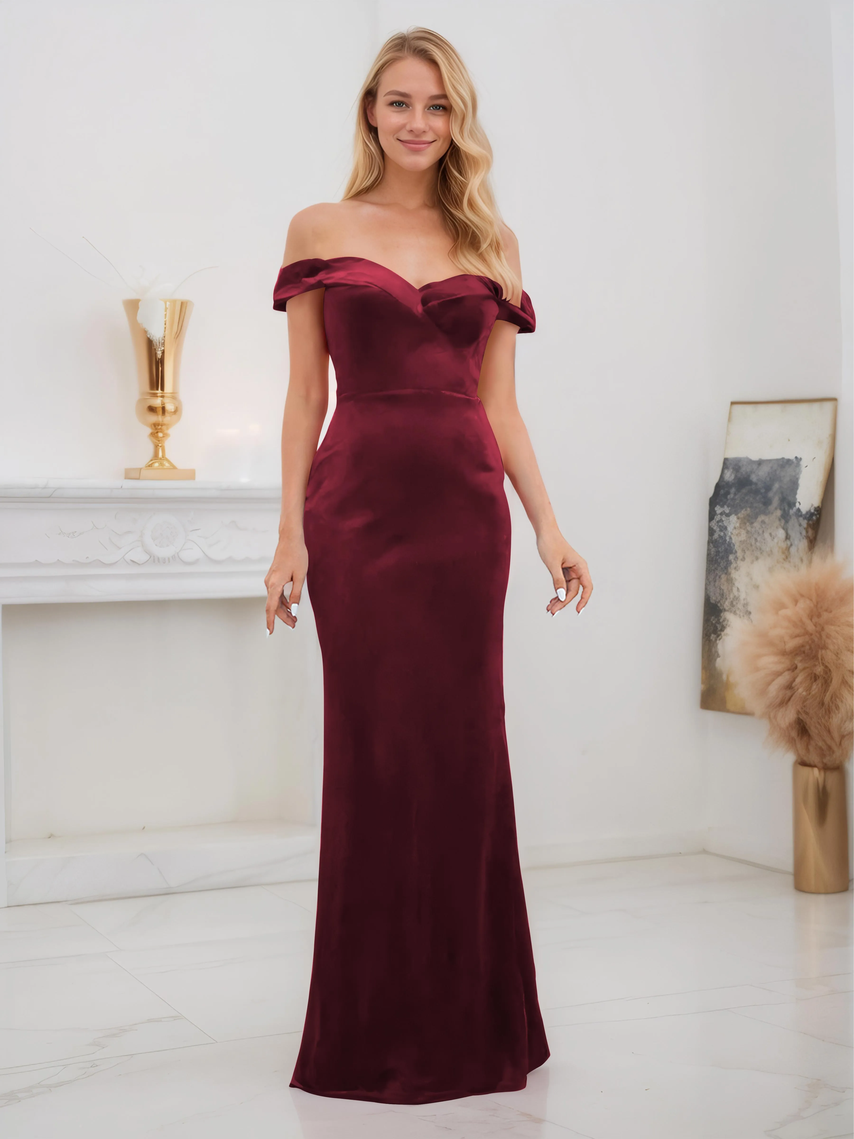 Frankie Gorgeous Off The Shoulder Floor Length Velvet Bridesmaid Dresses