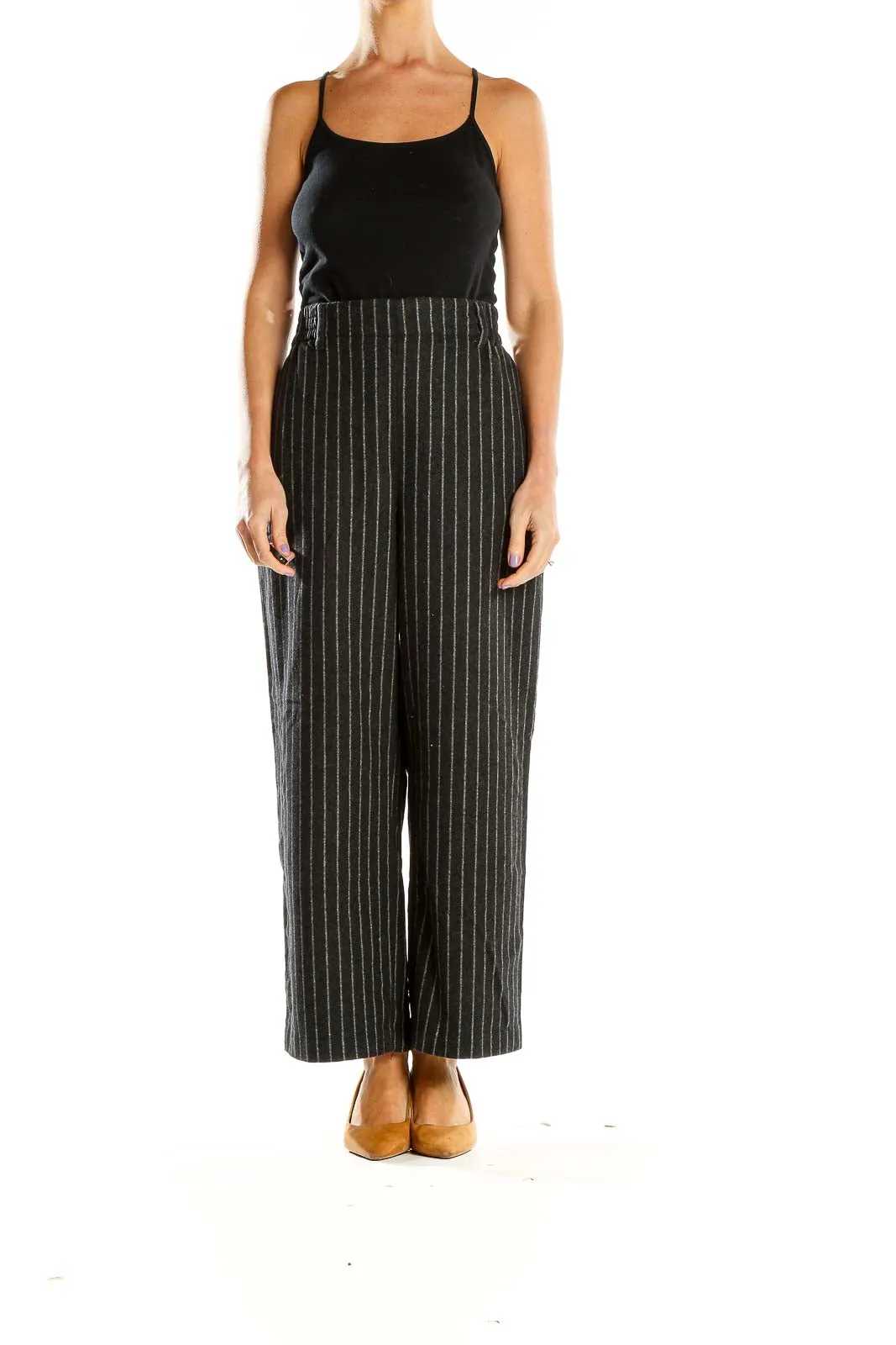 Gray Pinstriped Wide-Leg Trousers