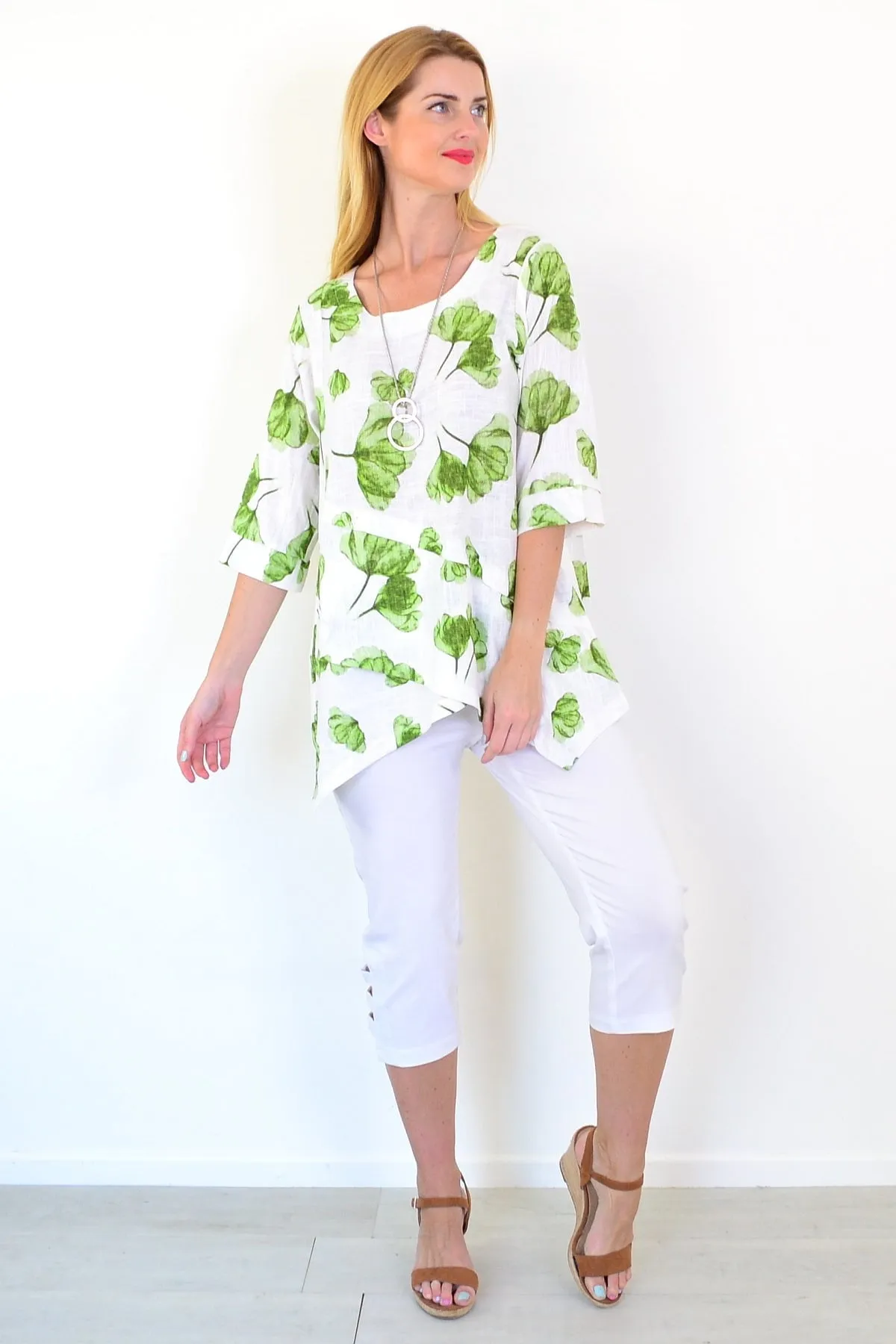 Green Flower Linen Blend Tunic Top