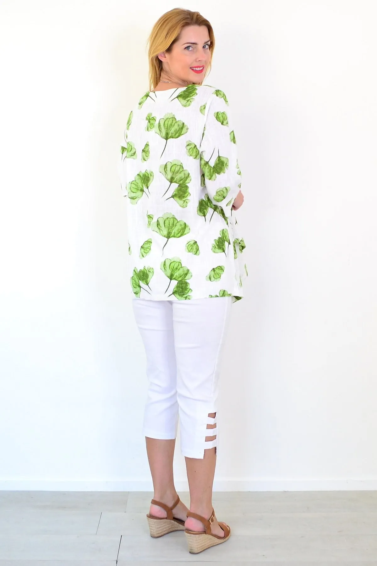 Green Flower Linen Blend Tunic Top