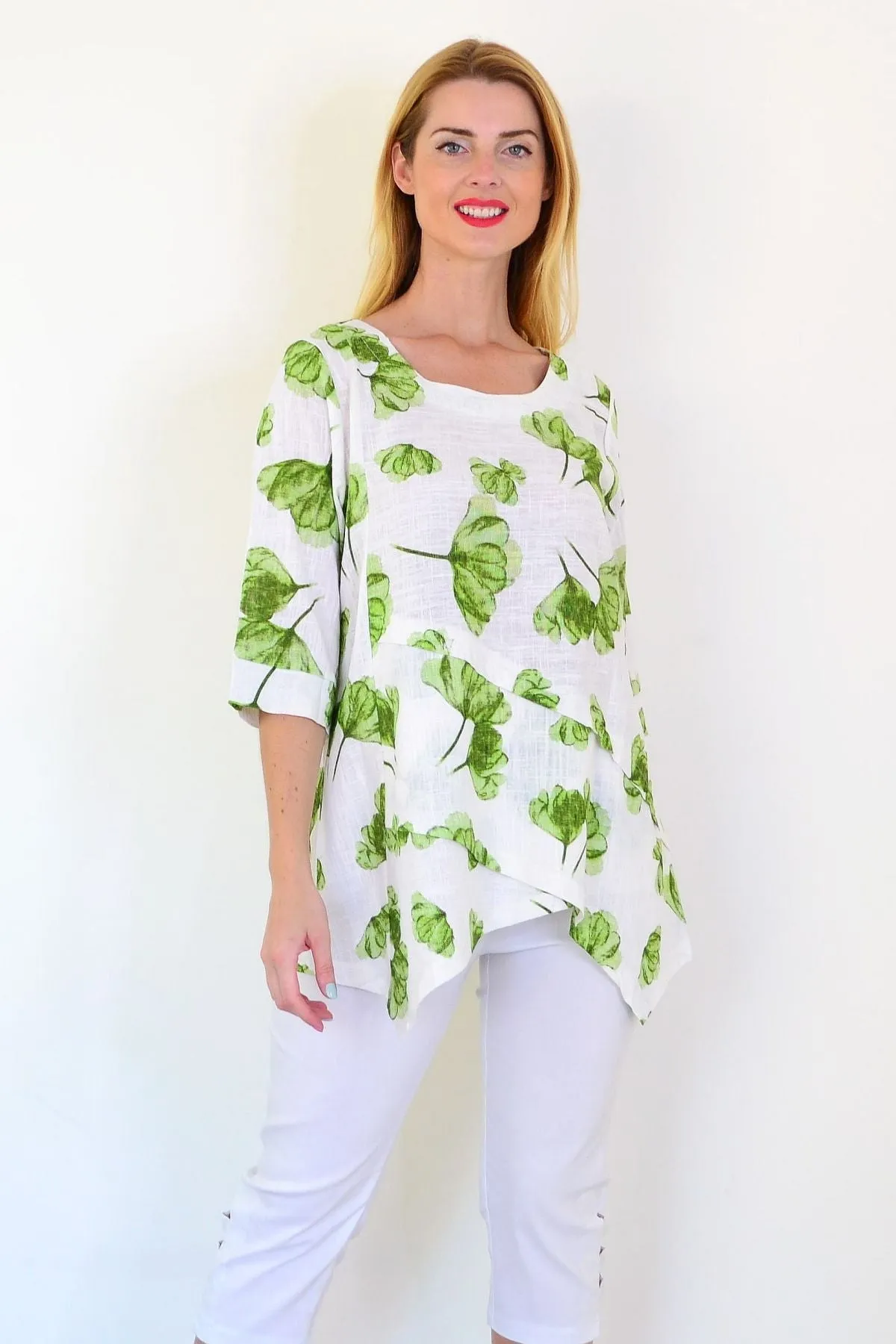 Green Flower Linen Blend Tunic Top