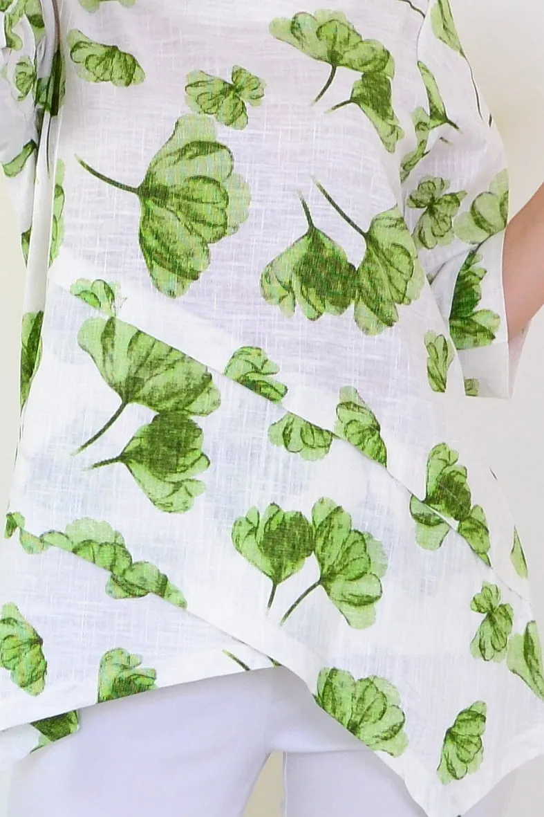 Green Flower Linen Blend Tunic Top