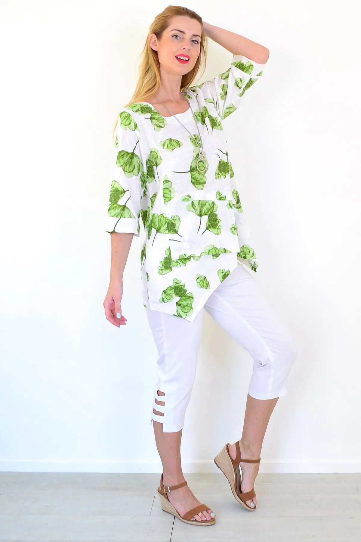 Green Flower Linen Blend Tunic Top