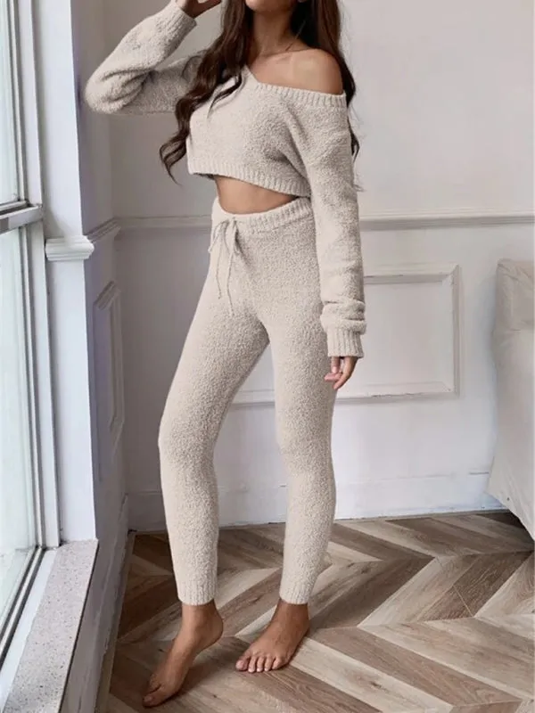 Knit Plush Lounger Crop Sweater and Pants Duo