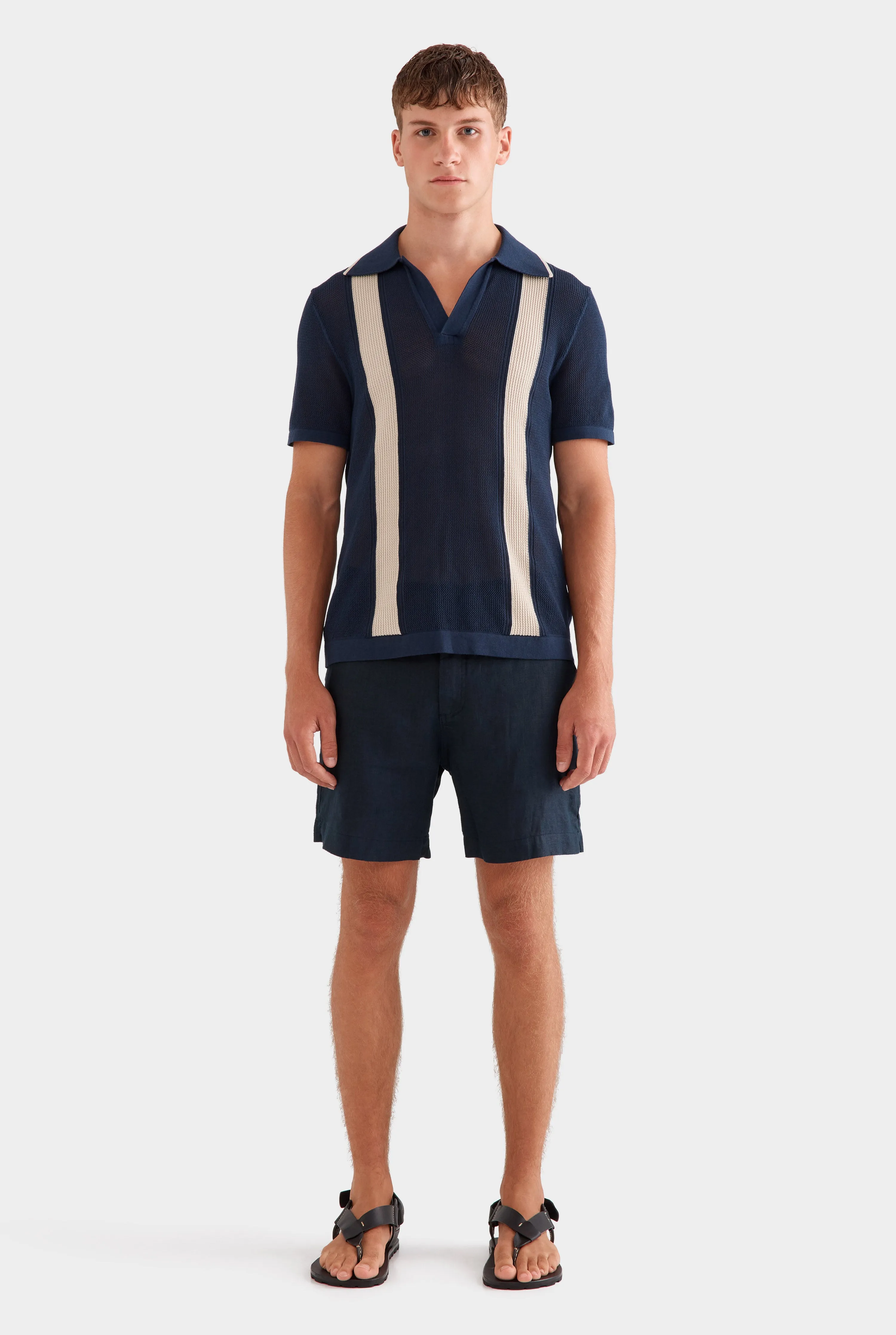 Knitted Cotton Pique Open Neck Polo -  Navy/Taupe