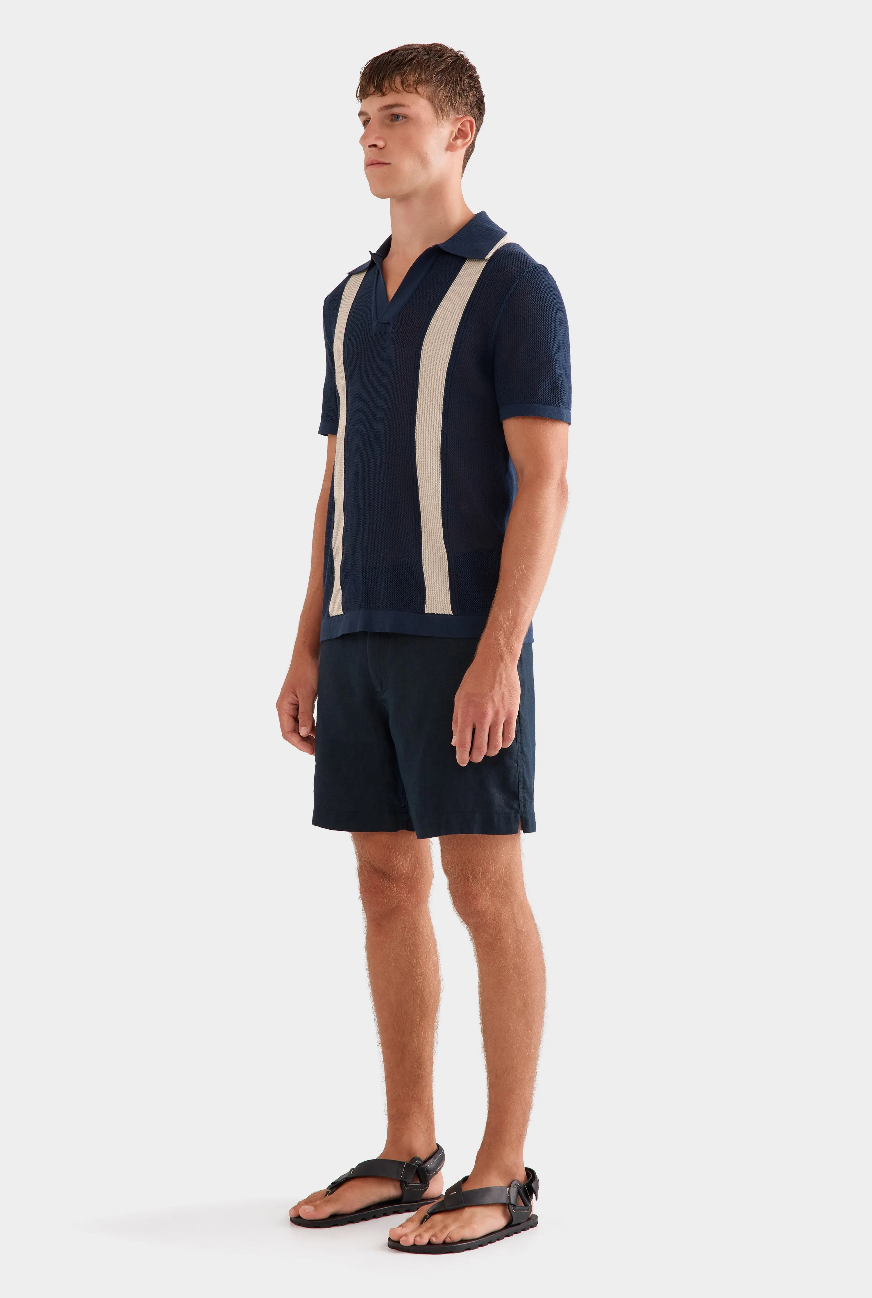 Knitted Cotton Pique Open Neck Polo -  Navy/Taupe