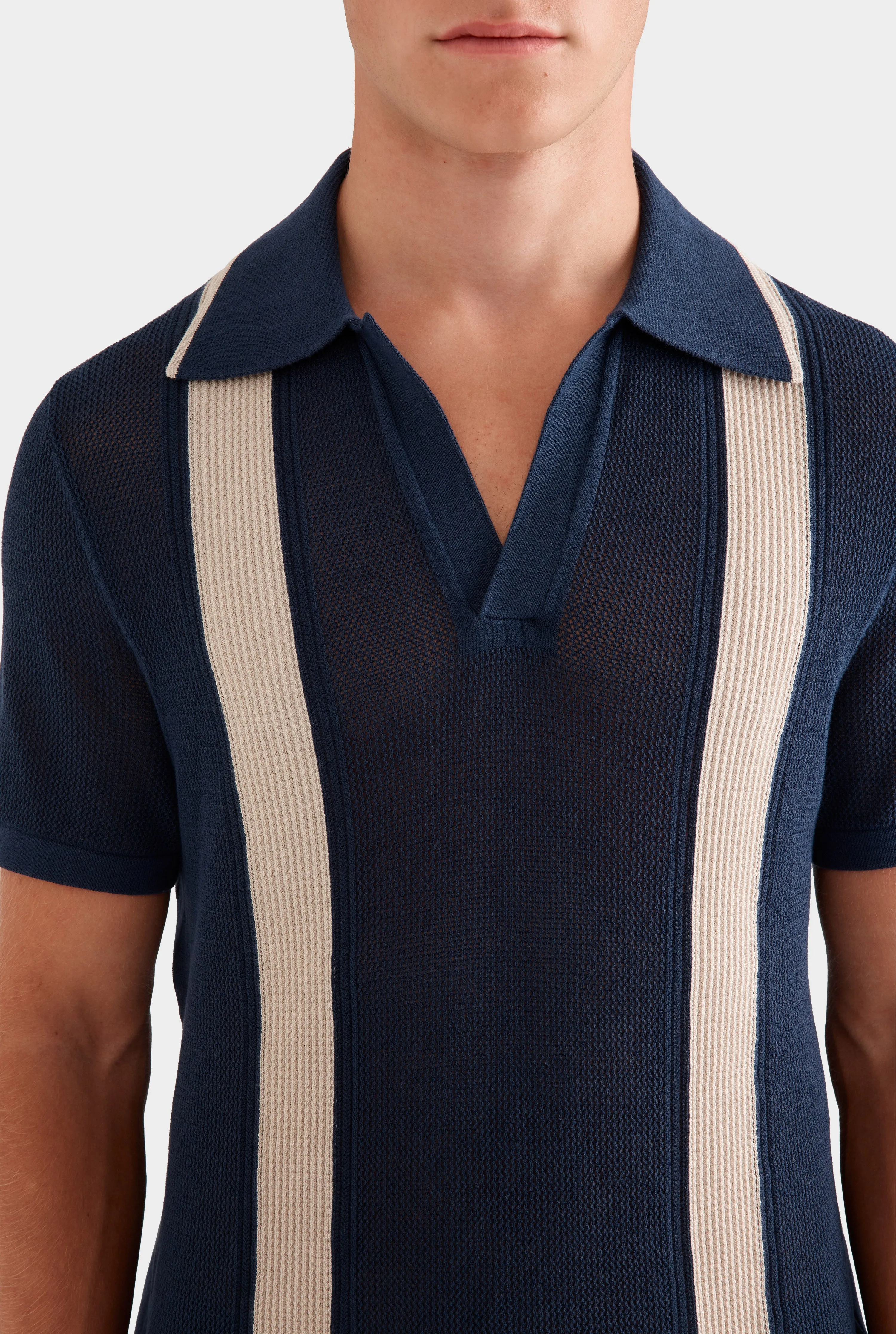 Knitted Cotton Pique Open Neck Polo -  Navy/Taupe