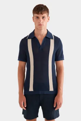 Knitted Cotton Pique Open Neck Polo -  Navy/Taupe