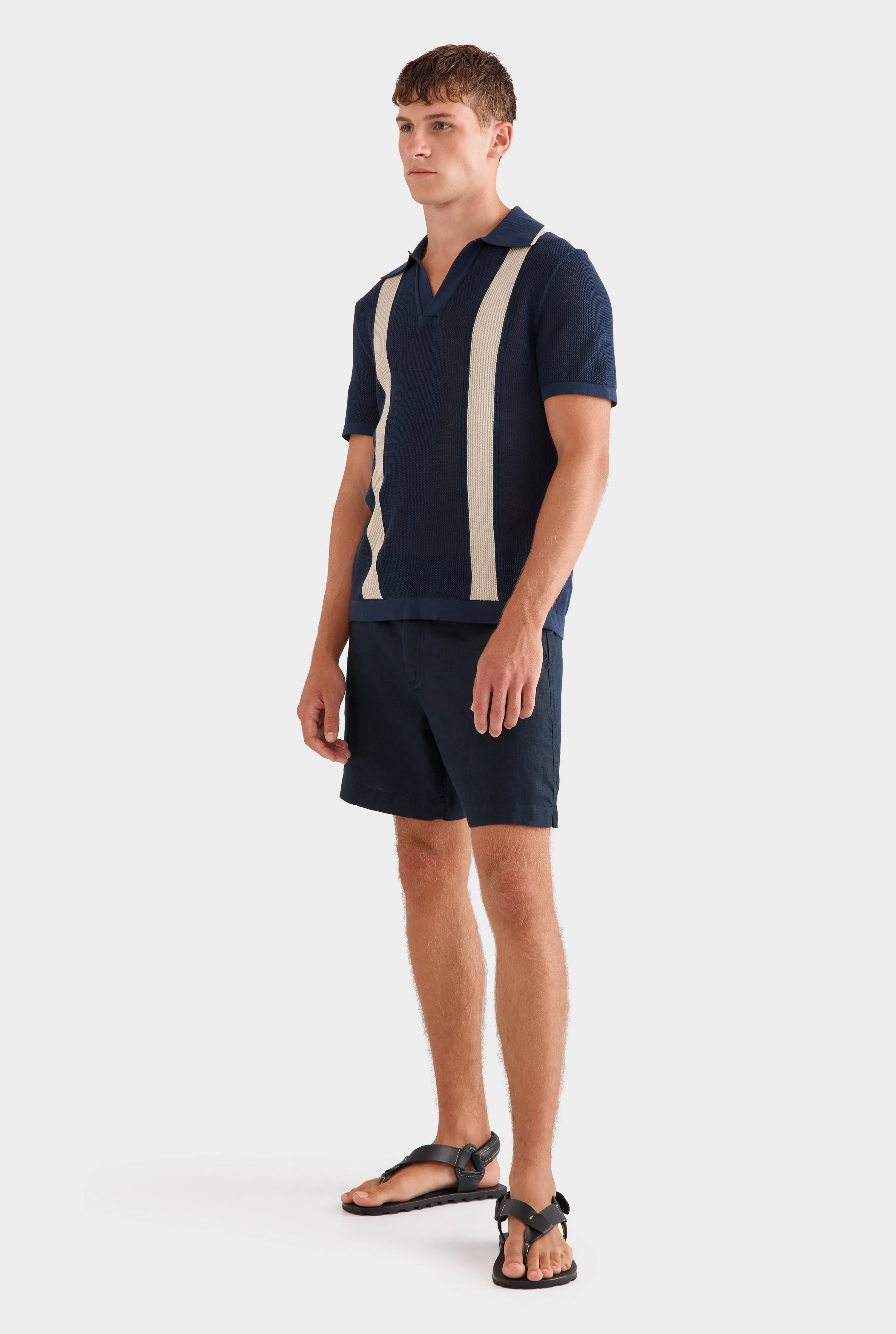 Knitted Cotton Pique Open Neck Polo -  Navy/Taupe