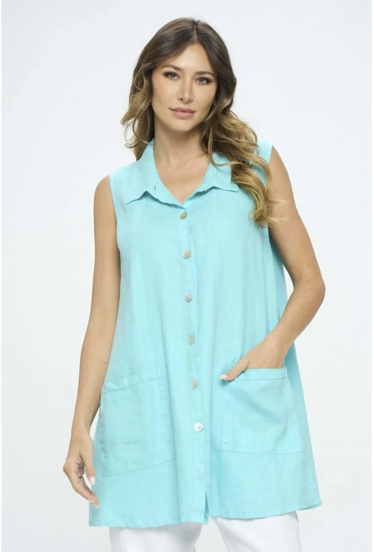 Linen Collection Aqua Blue Sleeveless Button Down Tunic Made in USA