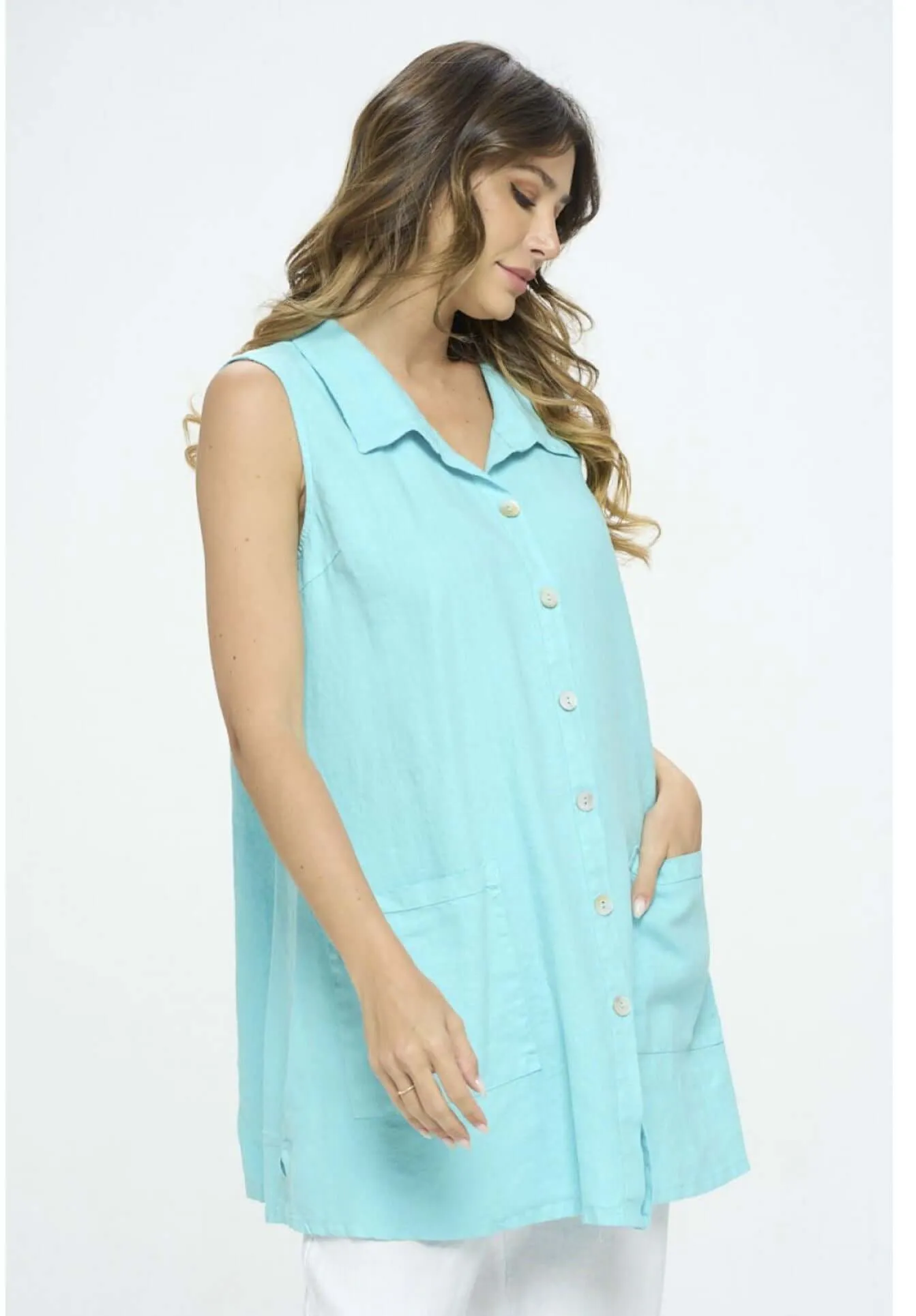 Linen Collection Aqua Blue Sleeveless Button Down Tunic Made in USA