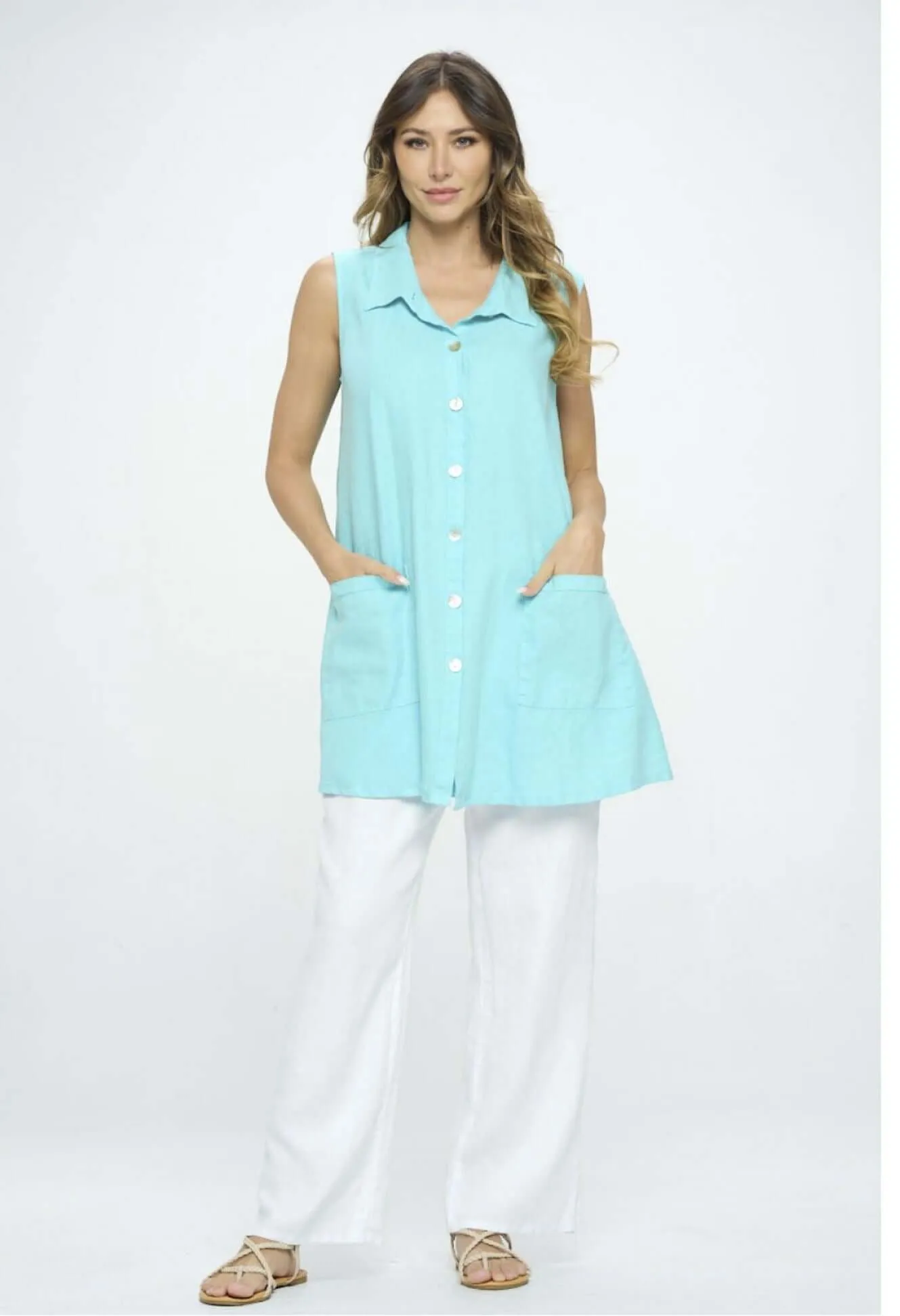 Linen Collection Aqua Blue Sleeveless Button Down Tunic Made in USA