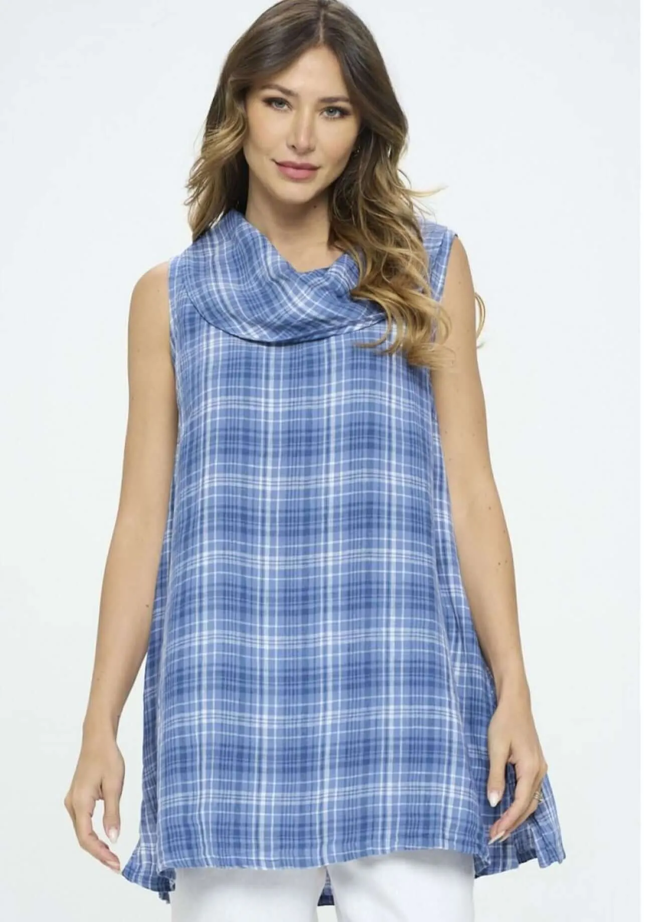 Linen Collection Plaid Cowl Neck Tunic Made in USA - CLEARANCE FINAL SALE