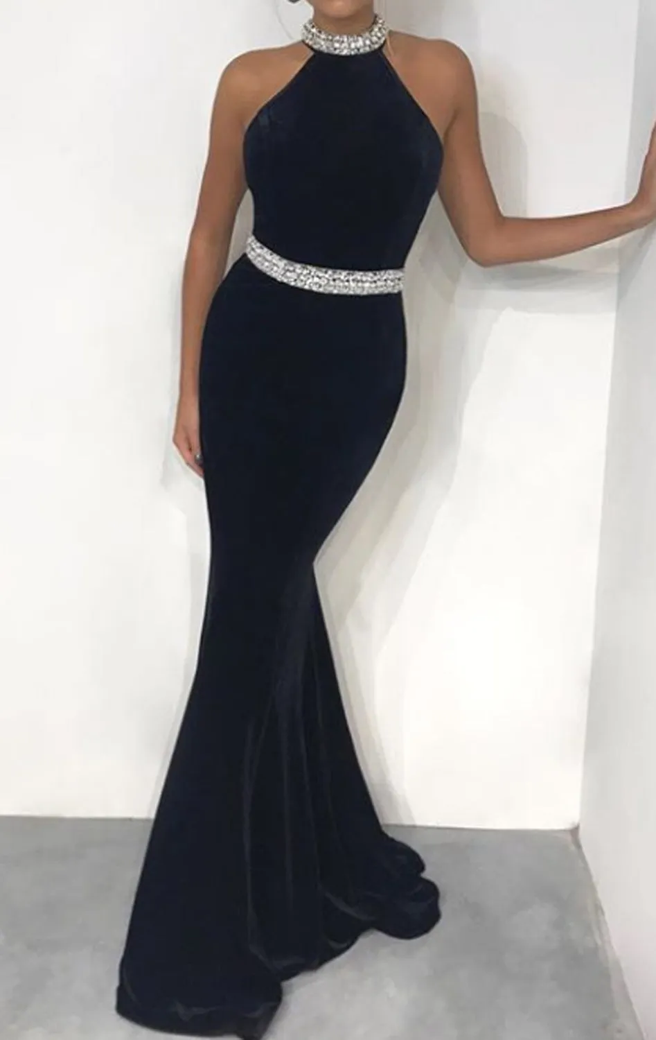 MACloth Halter Mermaid Black Velvet Long Prom Dress Elegant Formal Evening Gown