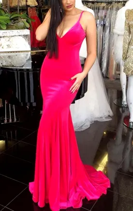 MACloth Mermaid V Neck Velvet Long Prom Dress Fuchsia Formal Evening Gown