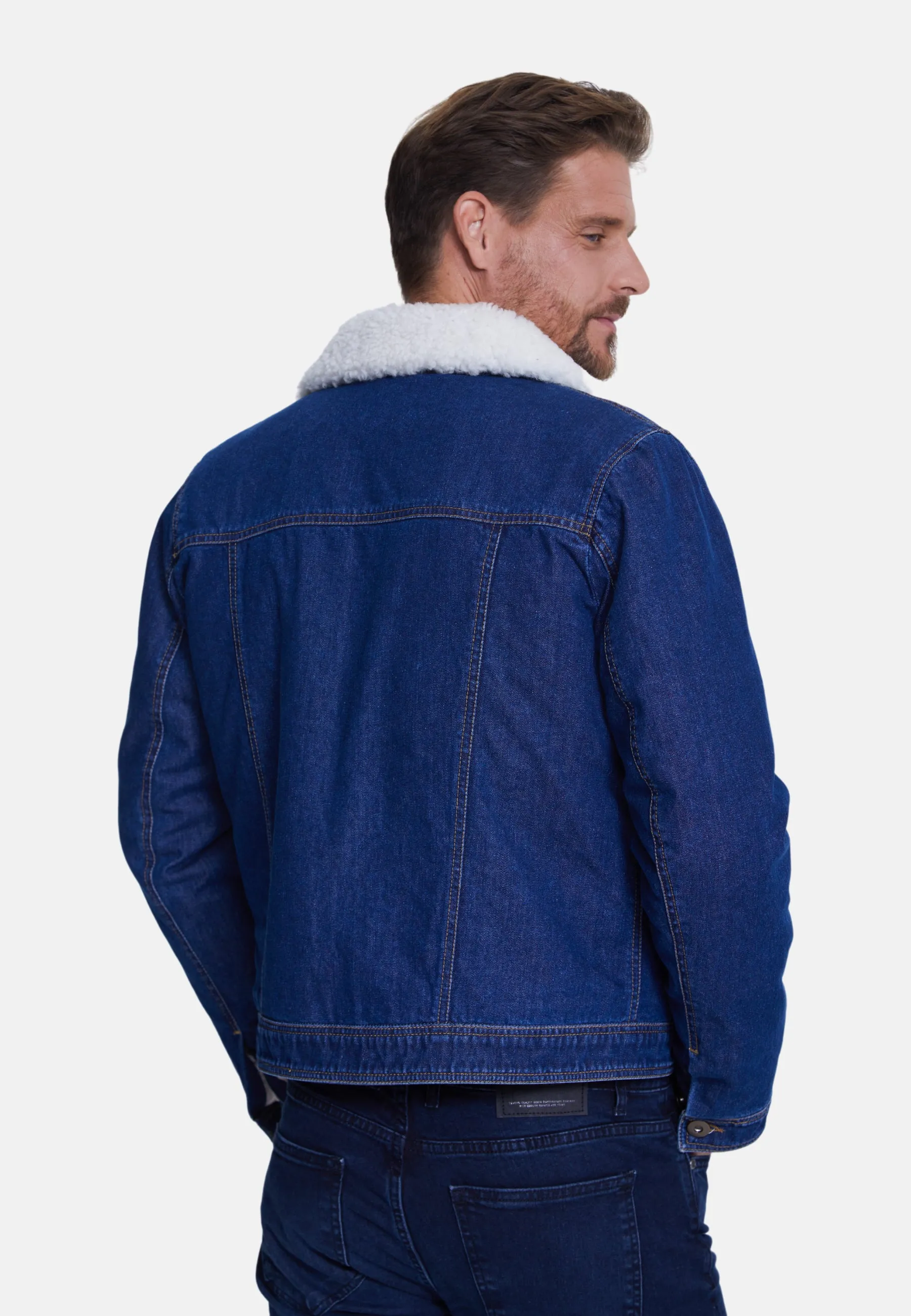 Men' Jeans Jacket , Dark Blue Jeans Whit White Curly Wool