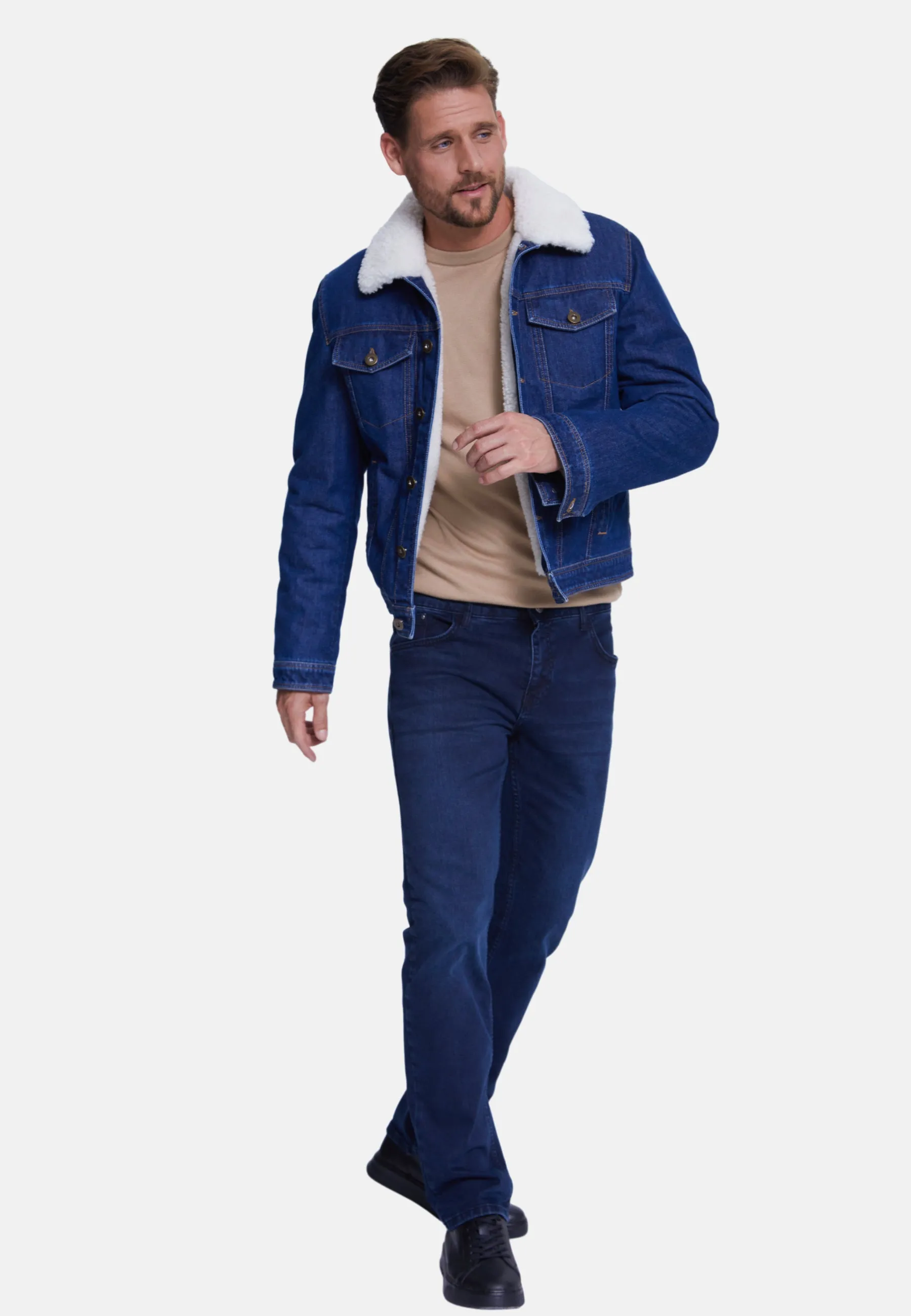 Men' Jeans Jacket , Dark Blue Jeans Whit White Curly Wool