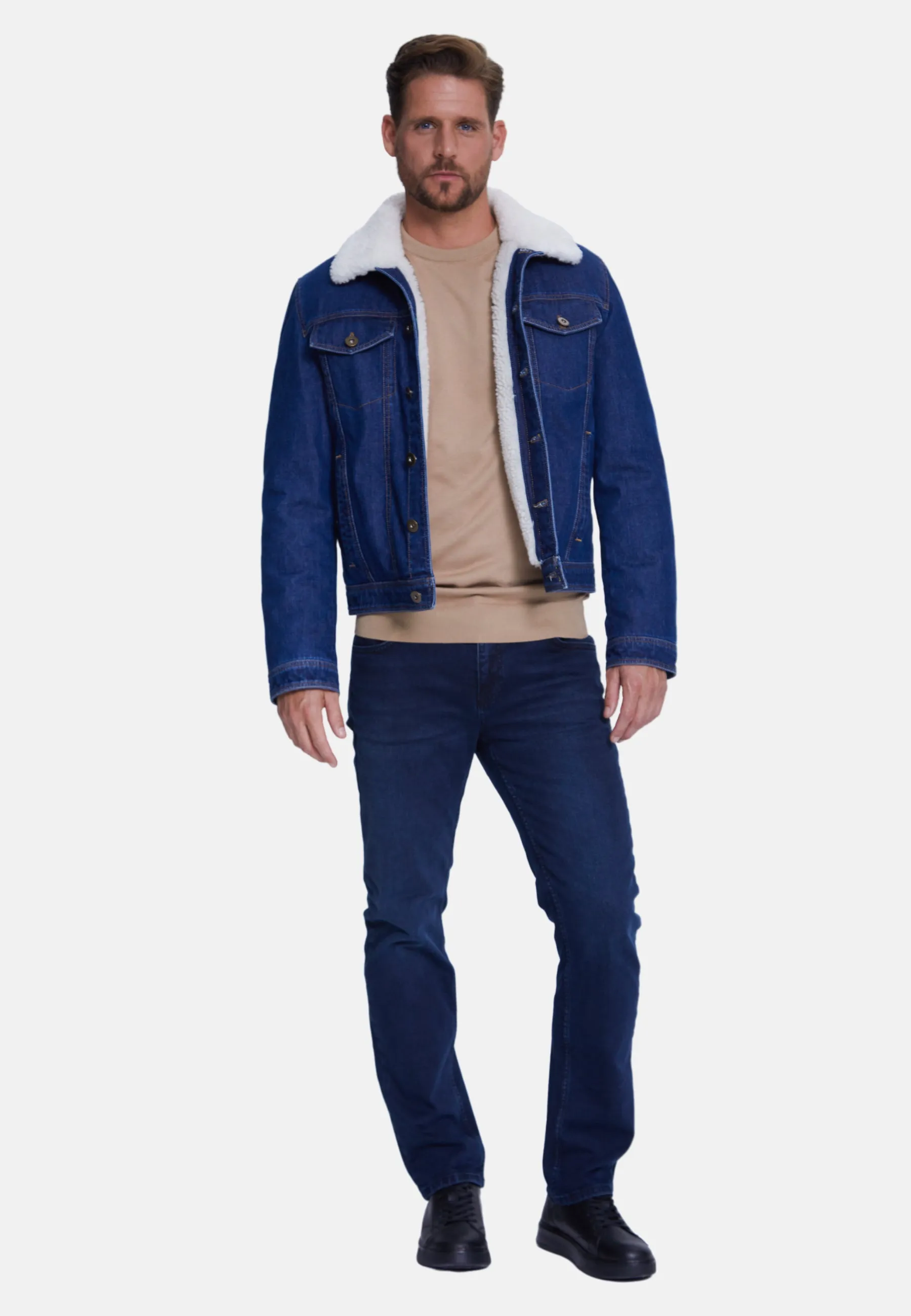 Men' Jeans Jacket , Dark Blue Jeans Whit White Curly Wool