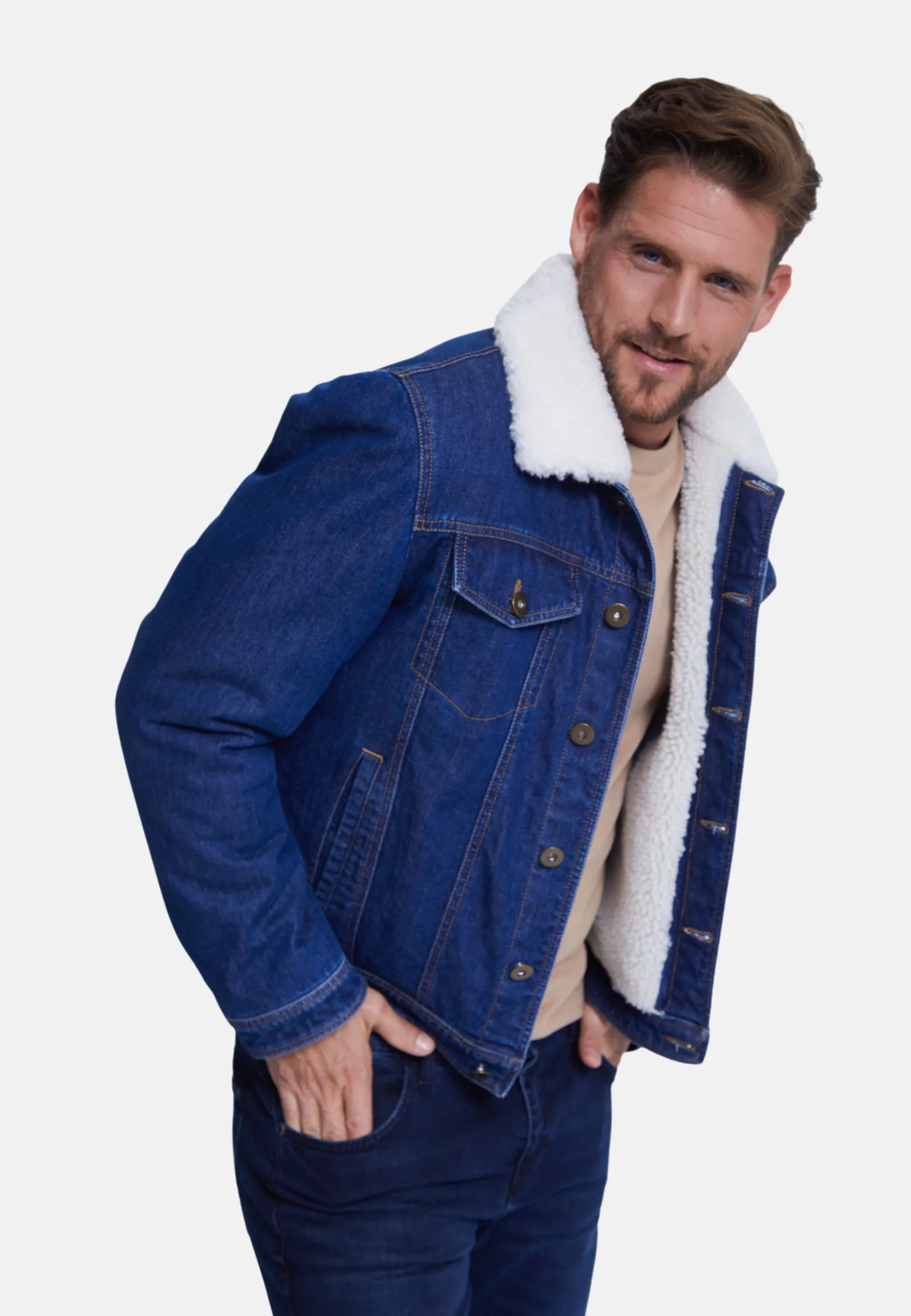 Men' Jeans Jacket , Dark Blue Jeans Whit White Curly Wool