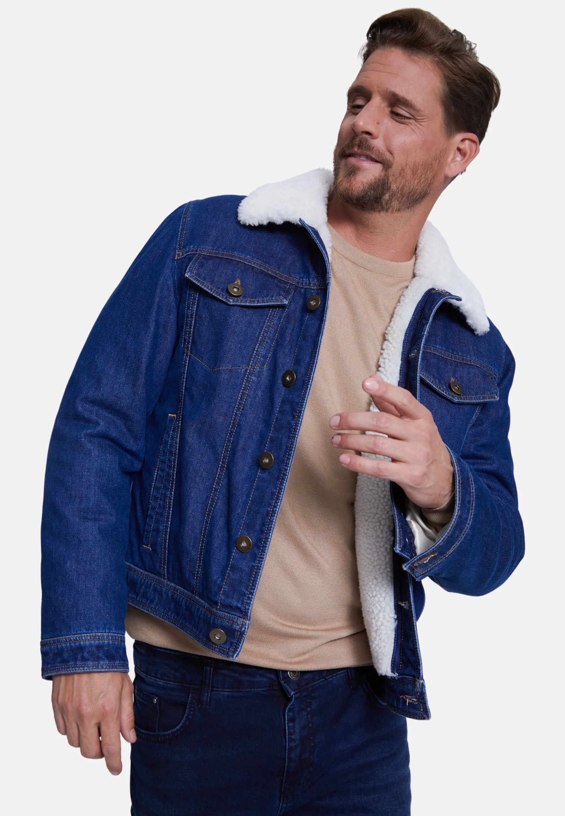 Men' Jeans Jacket , Dark Blue Jeans Whit White Curly Wool