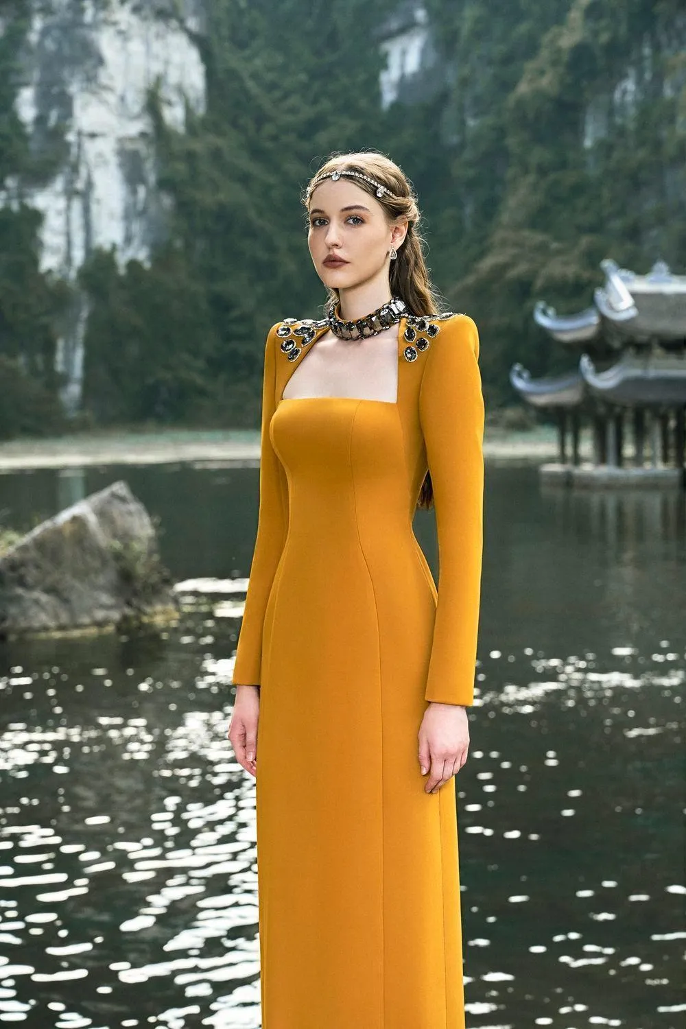 Odyssey Sheath Choker Neck Velvet Floor Length Dress