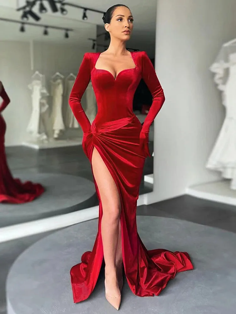 On-Trend Velvet High-Slit Evening Gown