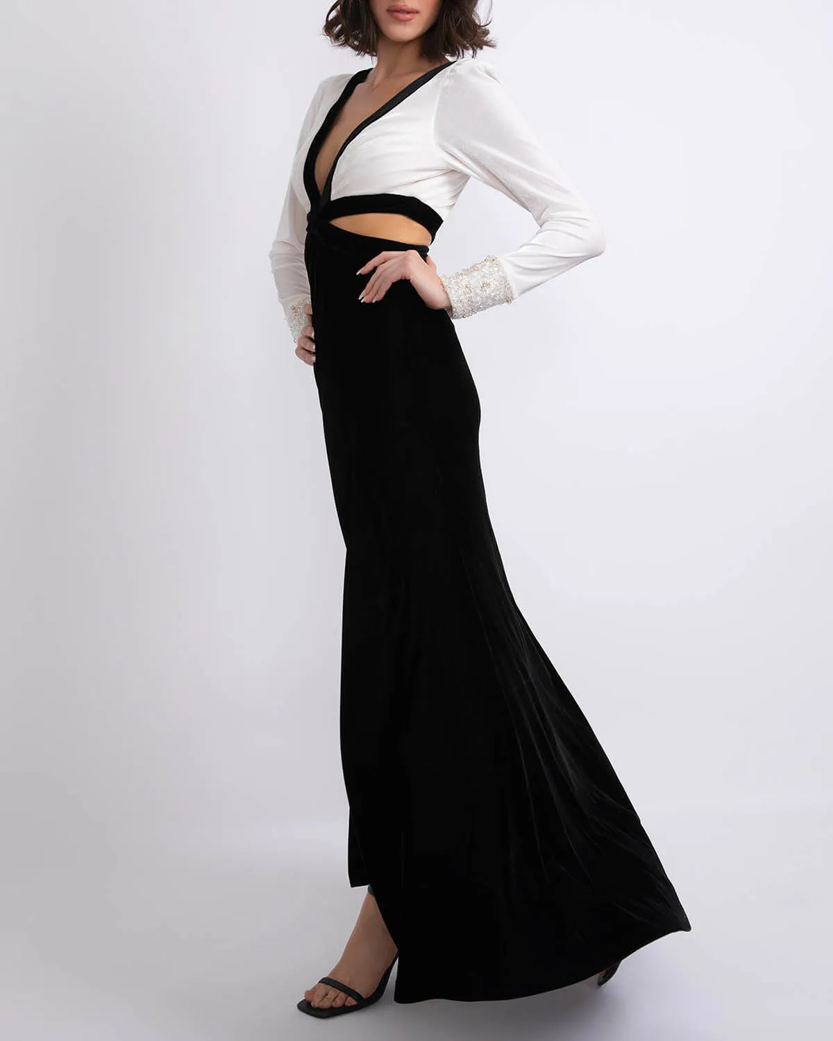 PatBo Velvet Cutout Maxi Dress with Beaded Cuffs