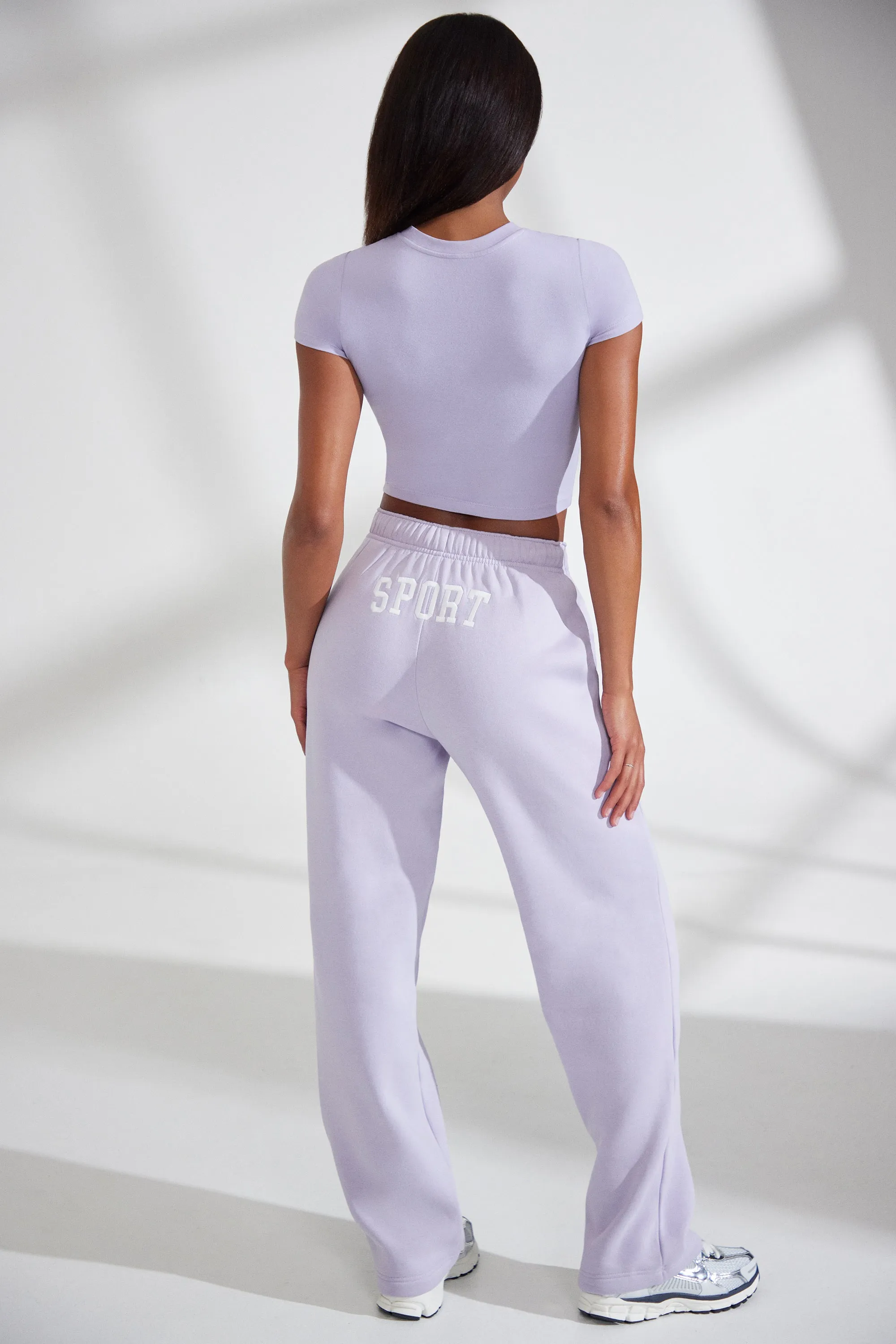 Petite Wide Leg Embroidered Back Joggers in Lavender