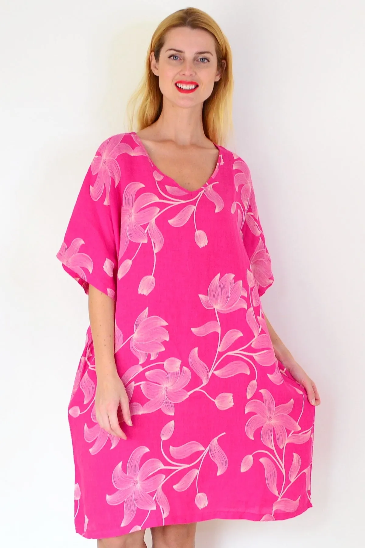 Pink Embroidery Print Linen Dress