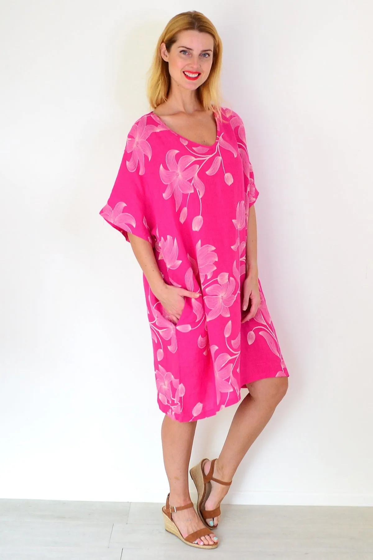 Pink Embroidery Print Linen Dress