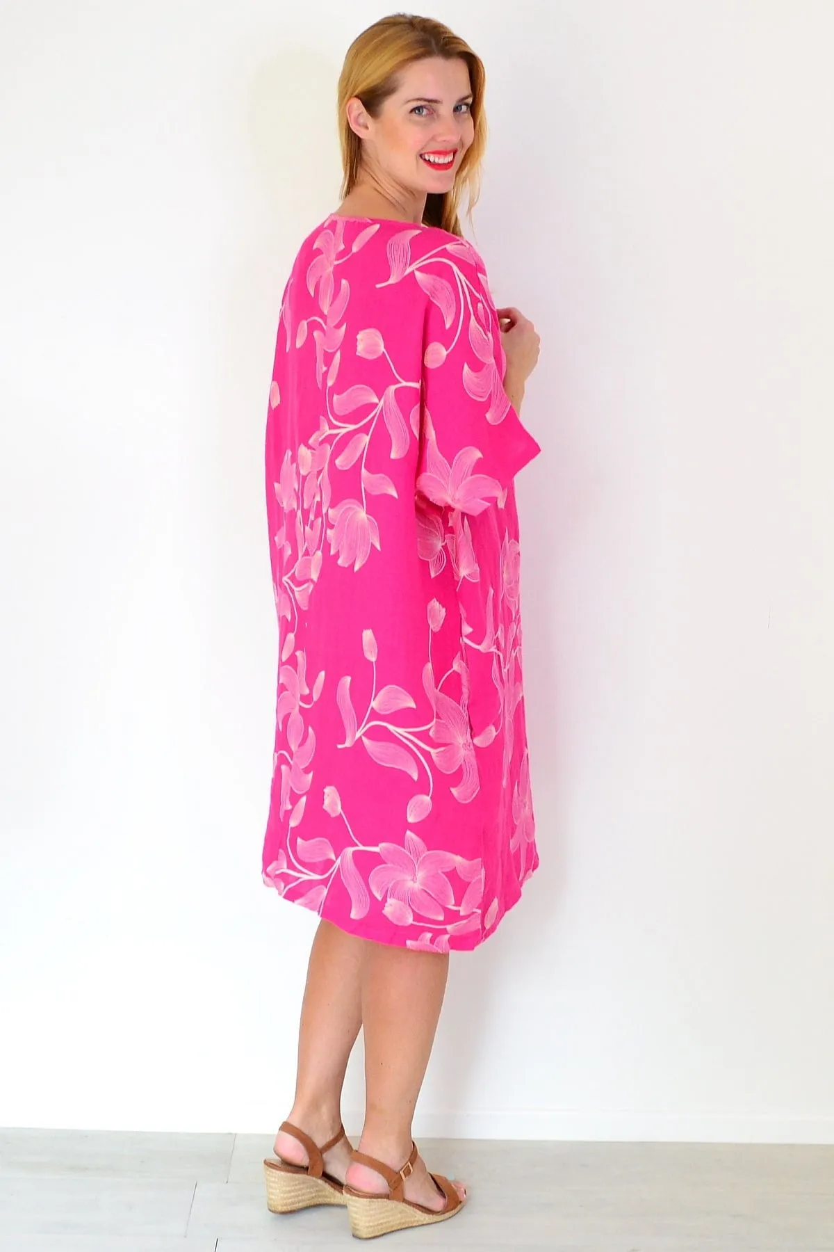 Pink Embroidery Print Linen Dress