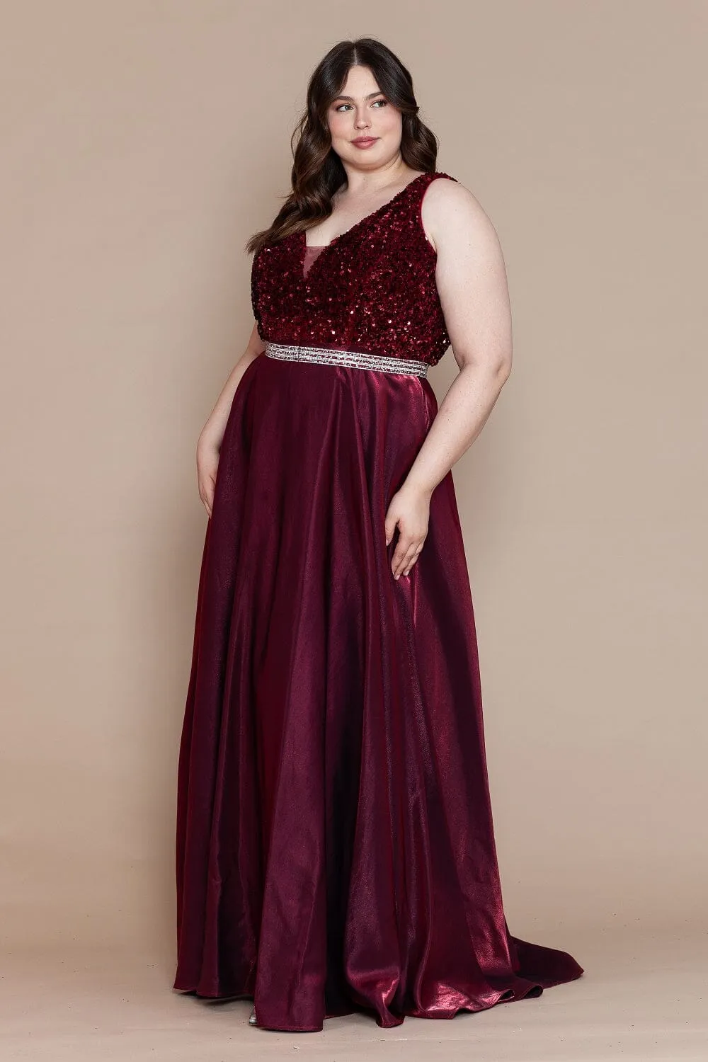 Plus Size Long Sequin Bodice Satin Dress by Poly USA W1006