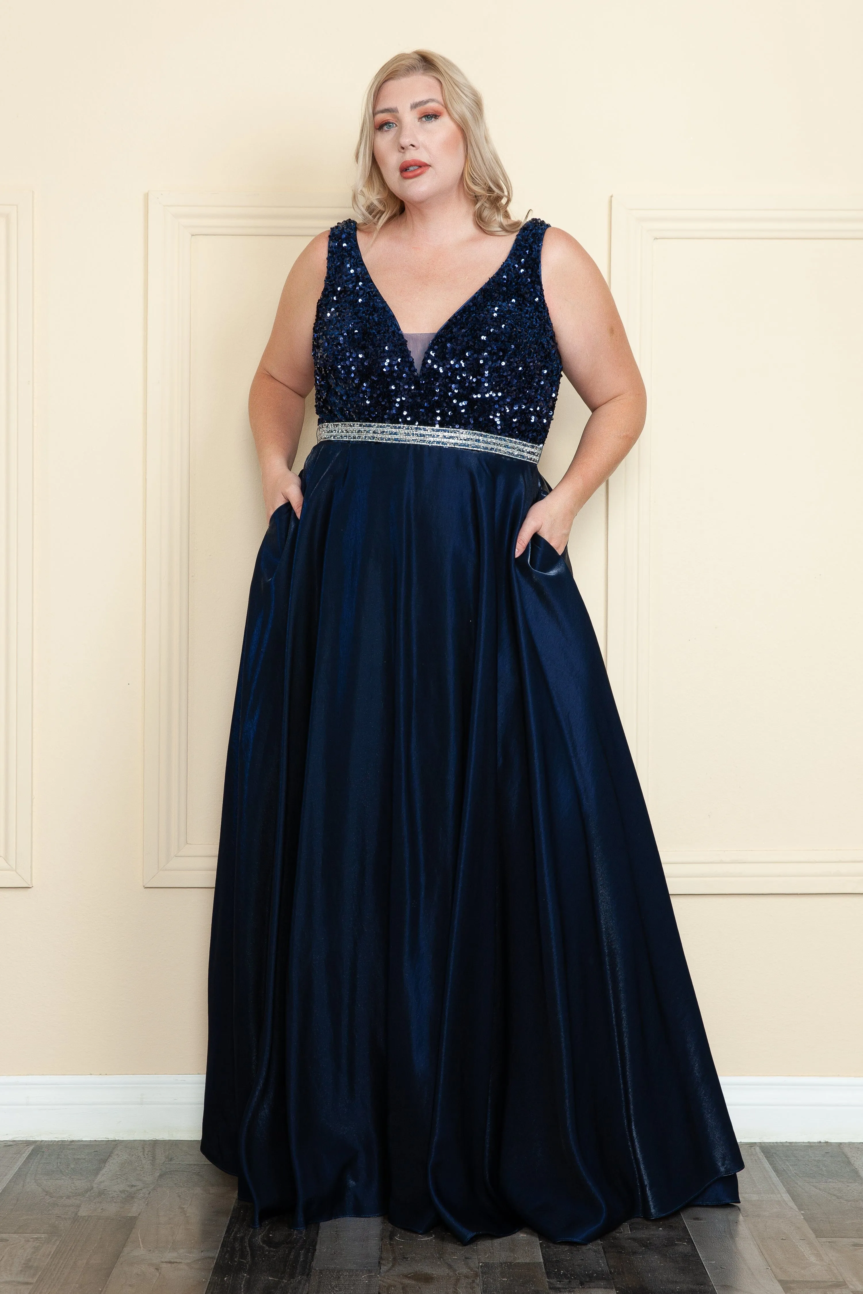 Plus Size Long Sequin Bodice Satin Dress by Poly USA W1006