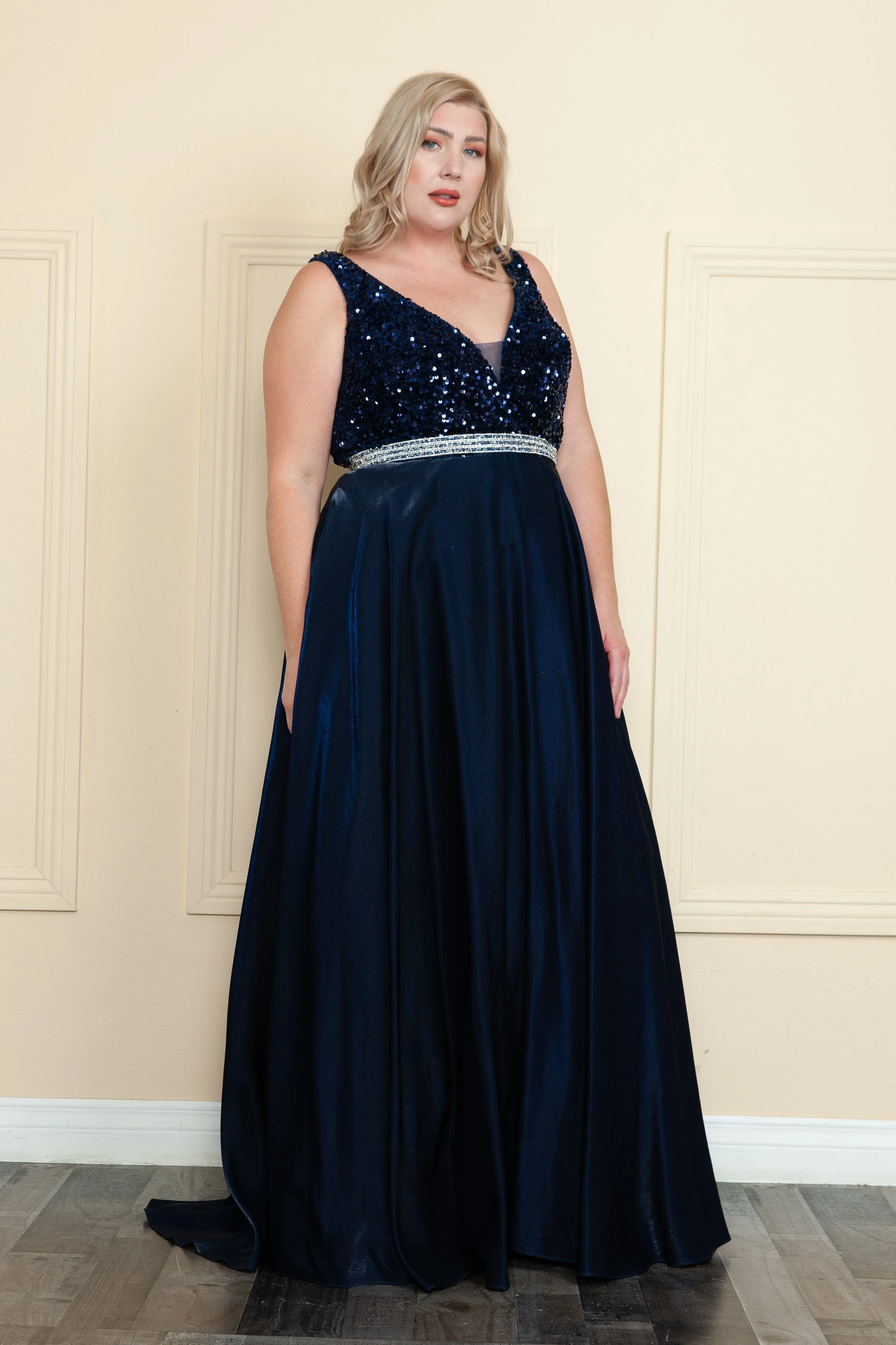 Plus Size Long Sequin Bodice Satin Dress by Poly USA W1006