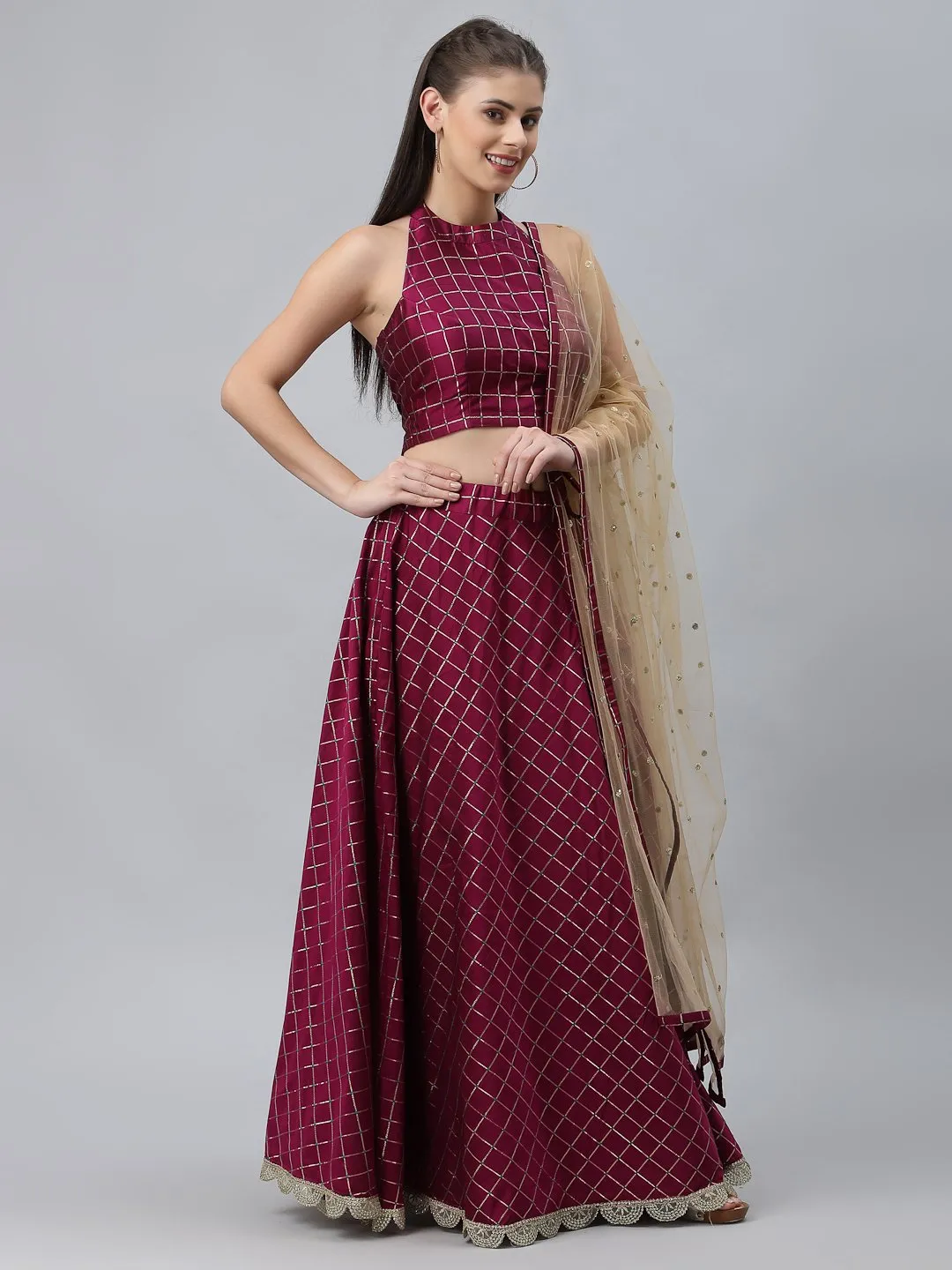 Poly Silk Checks Embellished Lehenga Set with Dupatta