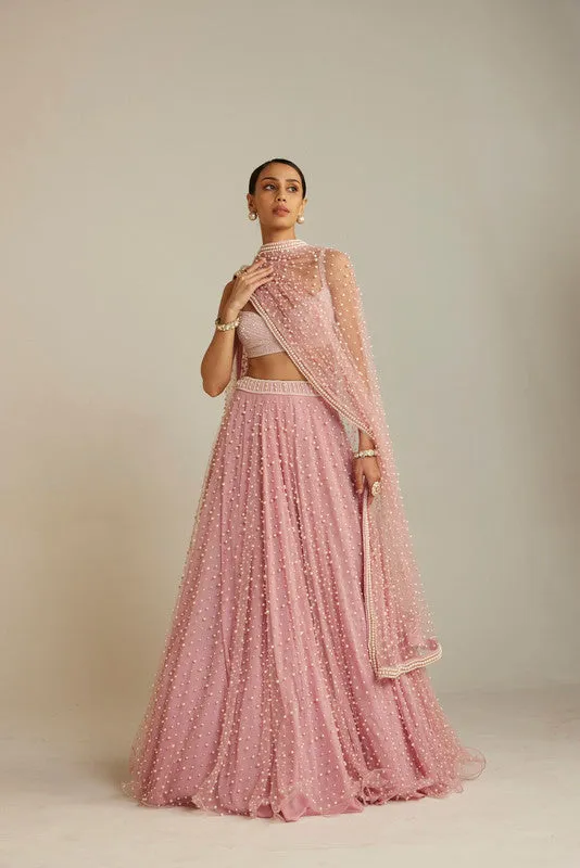 Powder Pink Dense Pearl Lehenga Set