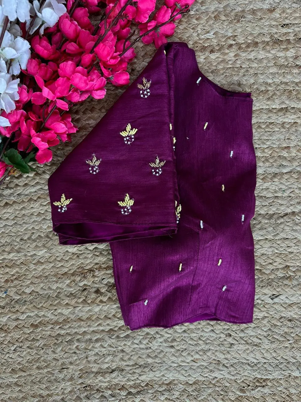 Purple Pearl-Embellished german silk Blouse with Handcrafted Golden Work