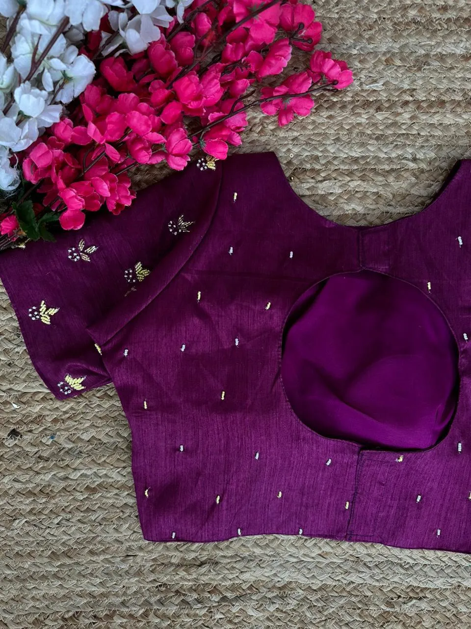 Purple Pearl-Embellished german silk Blouse with Handcrafted Golden Work