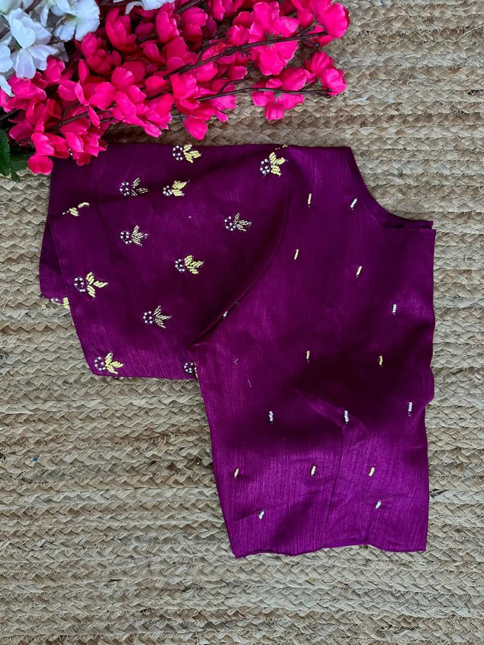 Purple Pearl-Embellished german silk Blouse with Handcrafted Golden Work