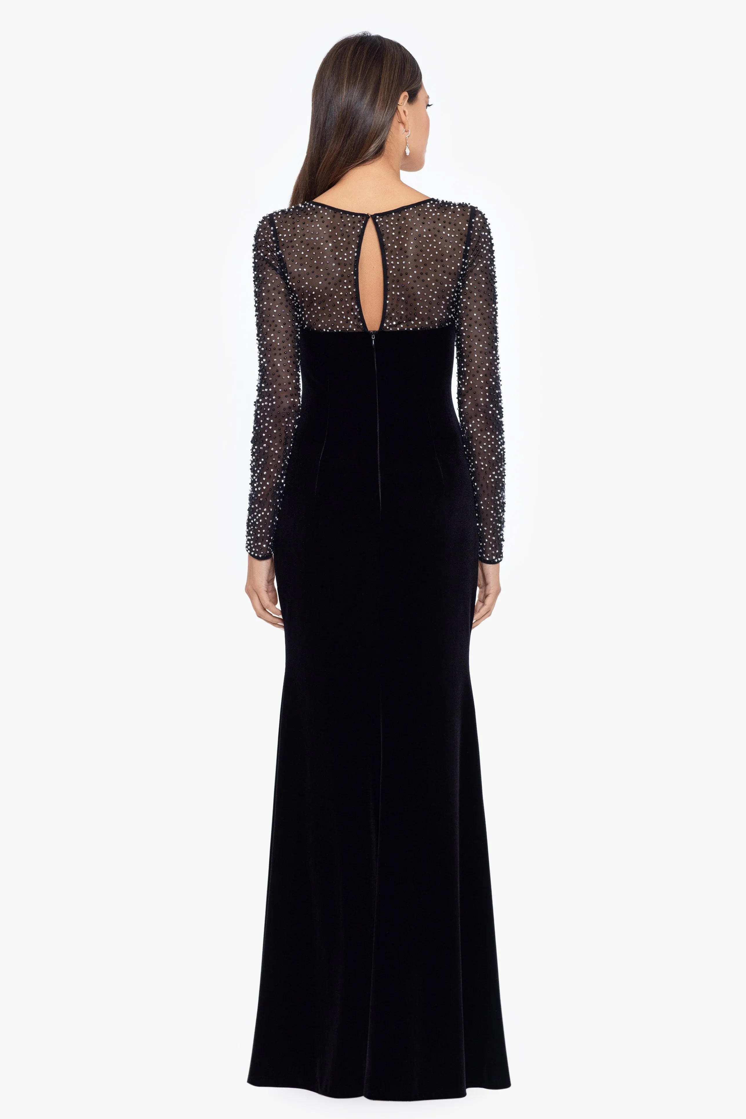 "Tamara" Long Sleeve Velvet Beaded Illusion Top Gown