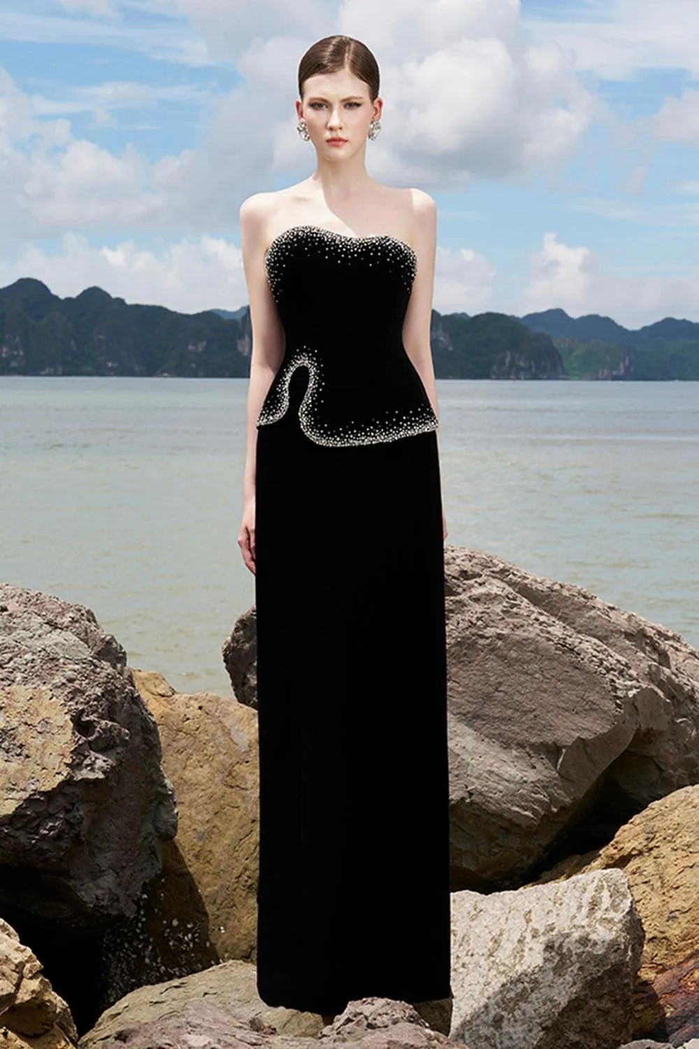 Ramsey Strapless Stone Velvet Floor Length Dress