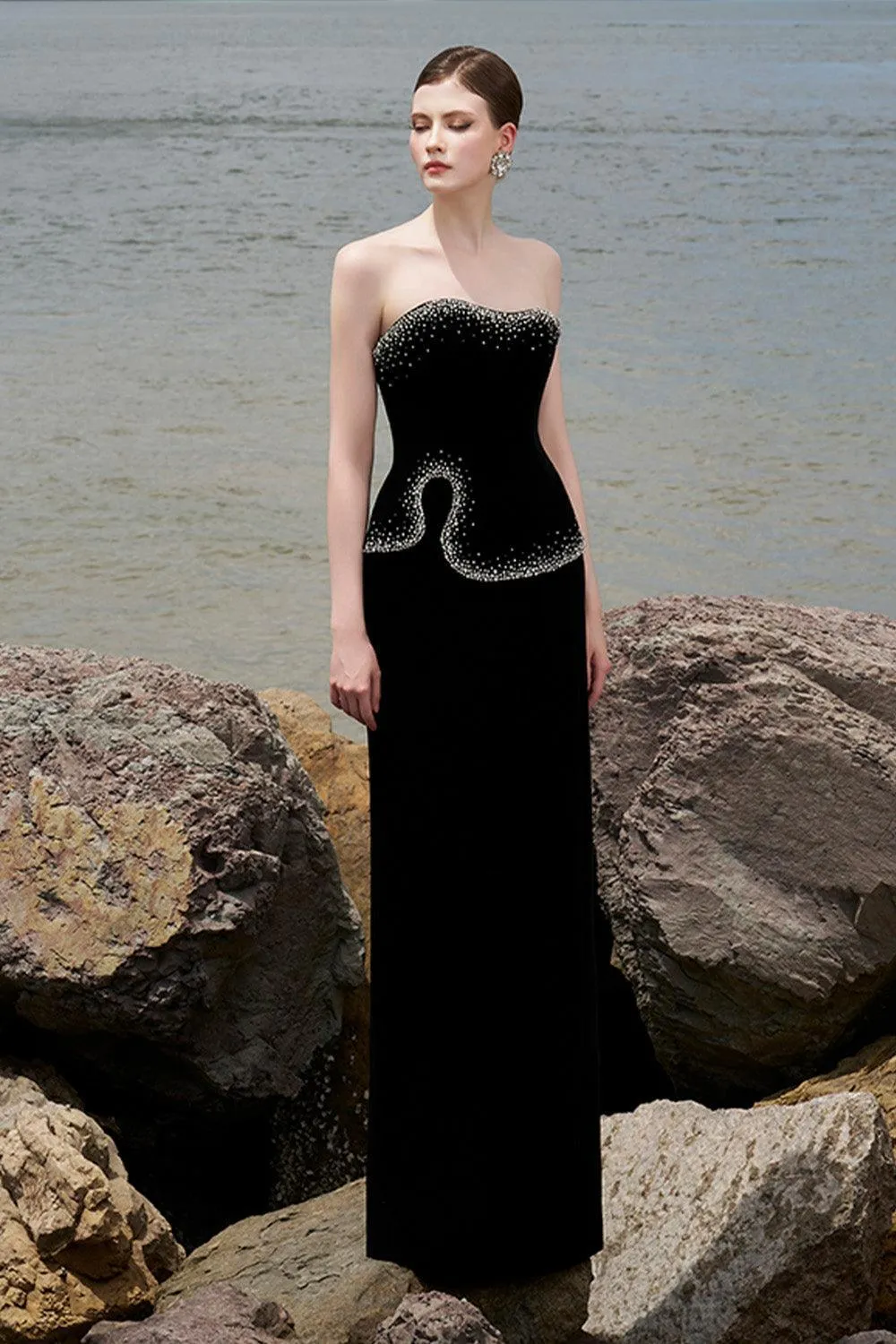 Ramsey Strapless Stone Velvet Floor Length Dress