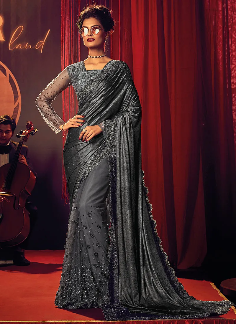 Slate Grey Appliqué Embroidery Partywear Saree