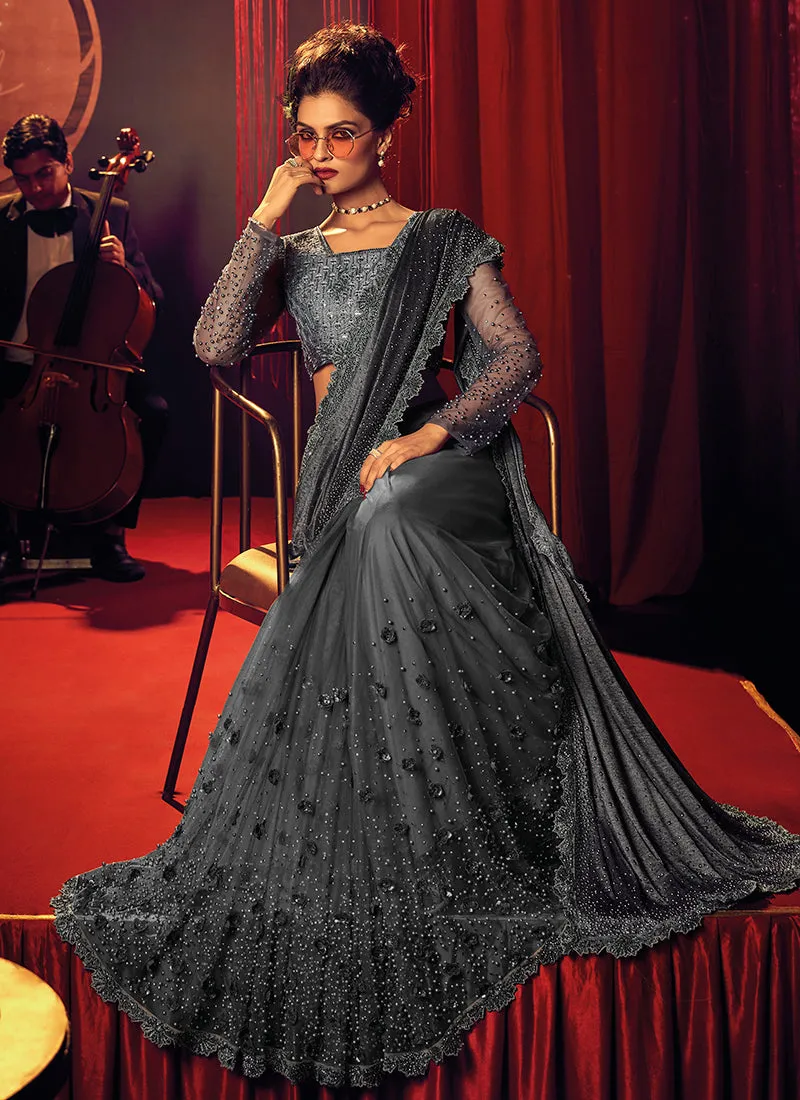 Slate Grey Appliqué Embroidery Partywear Saree