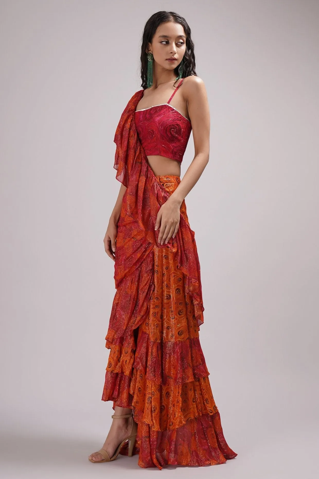 Square Neck Bustier Blouse Drape Ruffle Saree